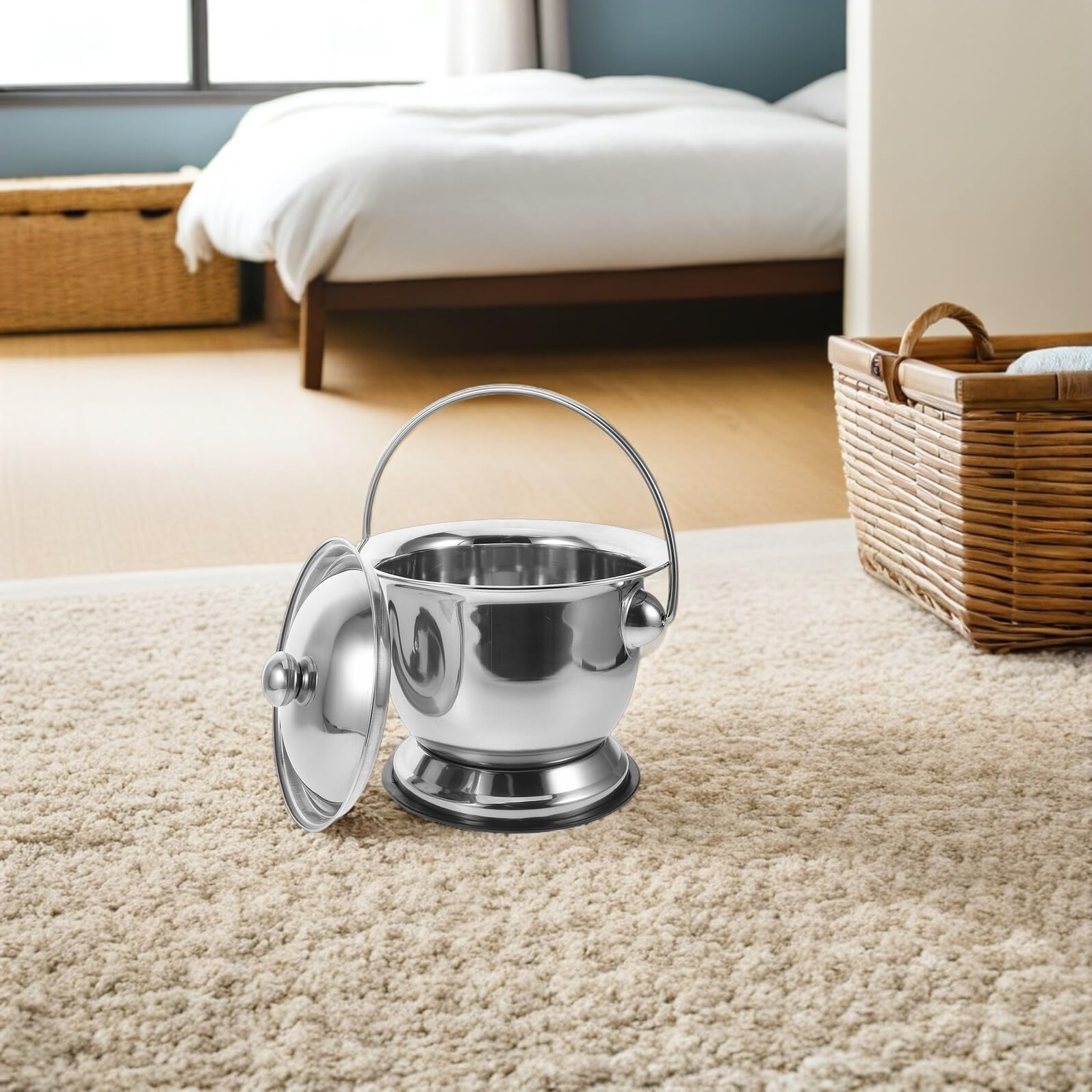 TOYANDONA Padella in Acciaio Inox per Adulti con Coperchio, Vaso da Notte Portatile Antiscivolo per Anziani e Donne, Secchio Wc da Camera con Bordi Arrotondati e Capacità Elevata