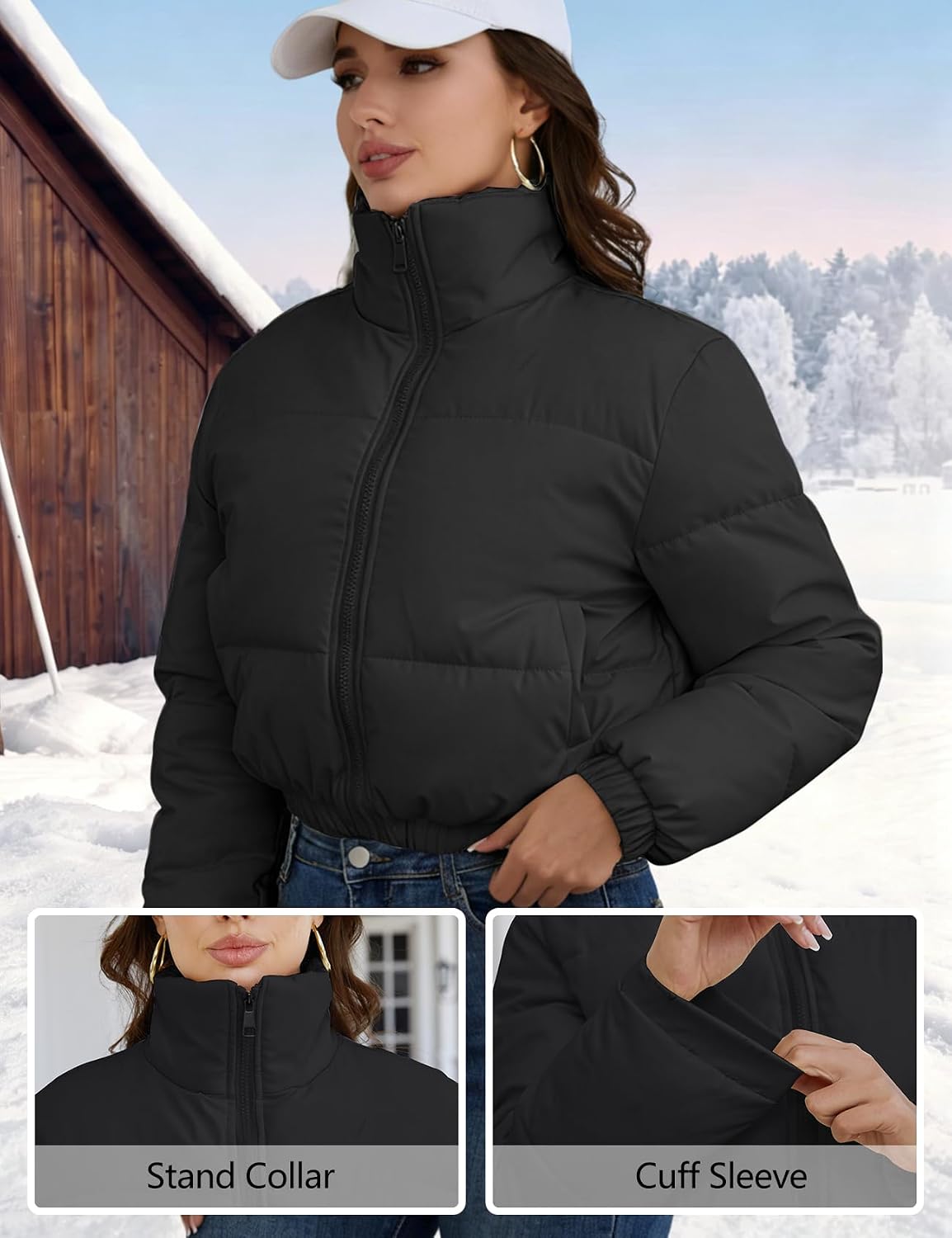 Arssm Women Cropped Puffer Jacket Short Warm Winter Coats | Padded Puffy Jacket, Crop Quilted Jacket, Zip Up Puffy Jacket, Stand Collar, With Pockets