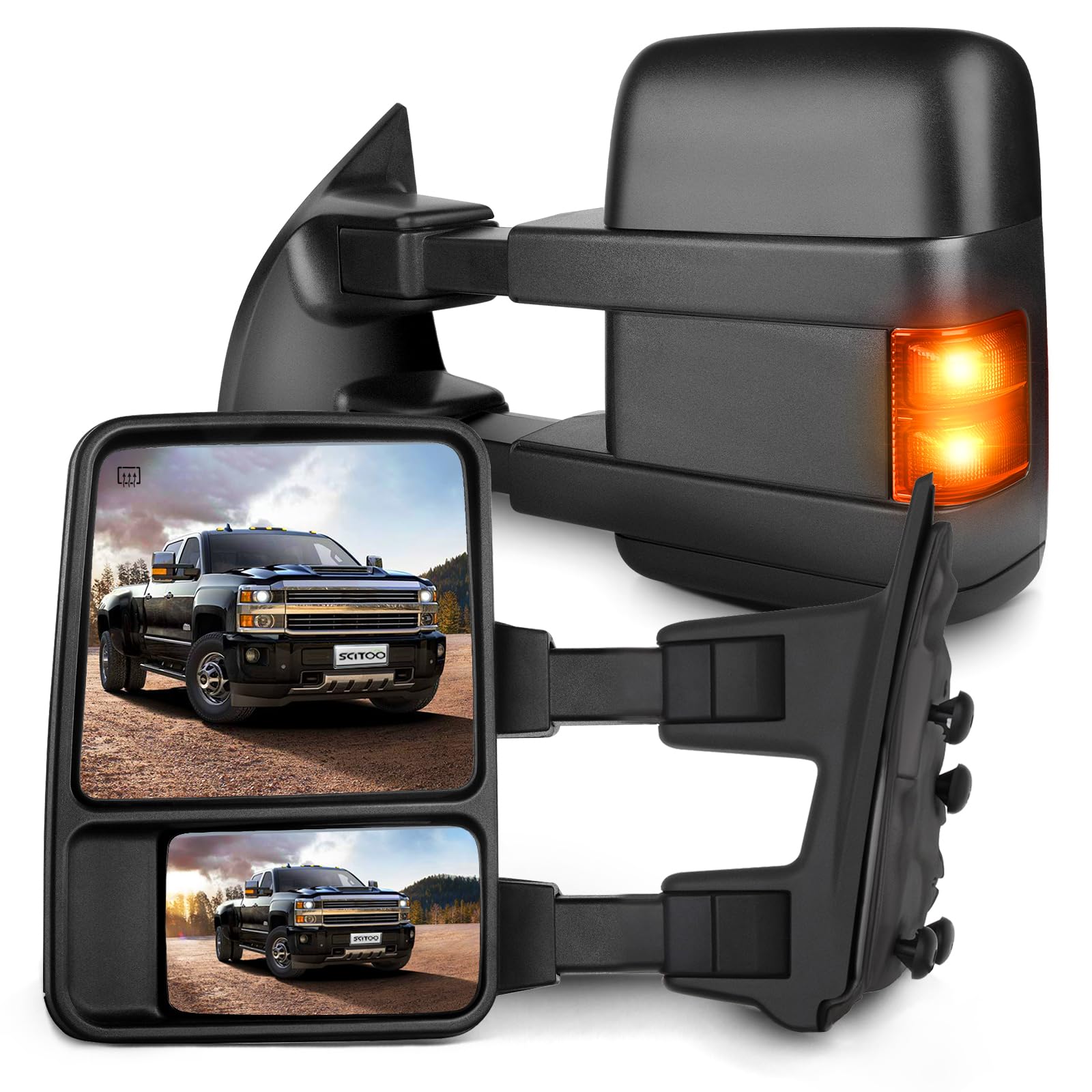SCITOO Towing Mirrors fit for 1999-2007 for F250 for F350 for F450 for F550 Super Duty 2000-2005 for Ford for Excursion with Smoke Turn Signal Power Adjusted Heated Manual Telescoping Features