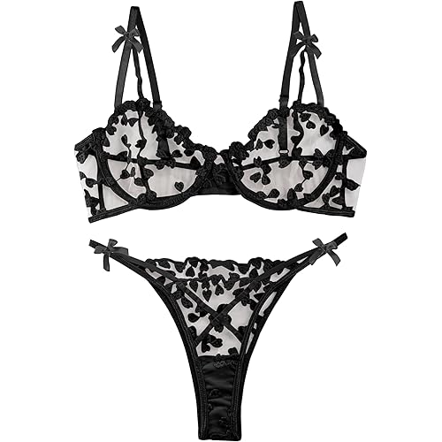 Lilosy Sexy Underwire Cute Push Up Strappy Embroidered Mesh Sheer Lingerie Set See Through Panty Bra