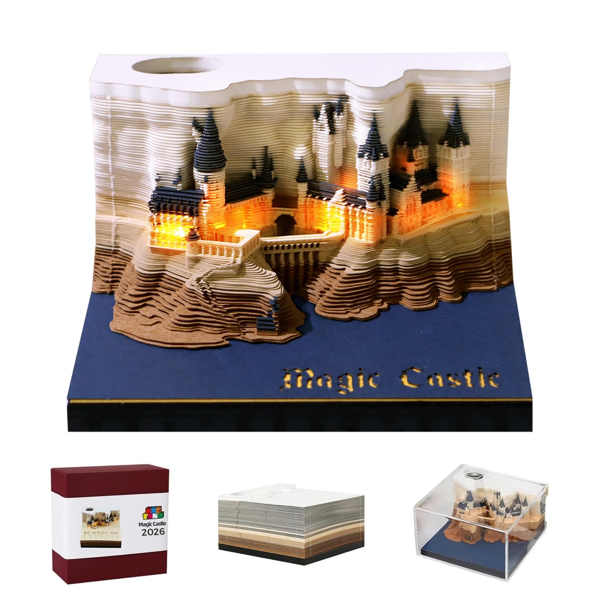 MACTANO 3D Art Calendar Memo Pad 2026, Creative Time Piece Calendar Magic Castle Rip Away Paper Carving Sticky DIY Note