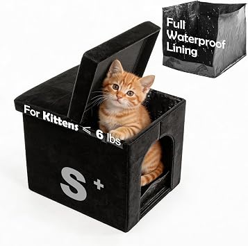 MEEXPAWS Cat Litter Box Enclosure, Small Hidden Litter Box Furniture with Removable Waterproof Liner and Divider, Velvet Washroom Bench, Dog Proof, Black, 18.9 x 15 x 15