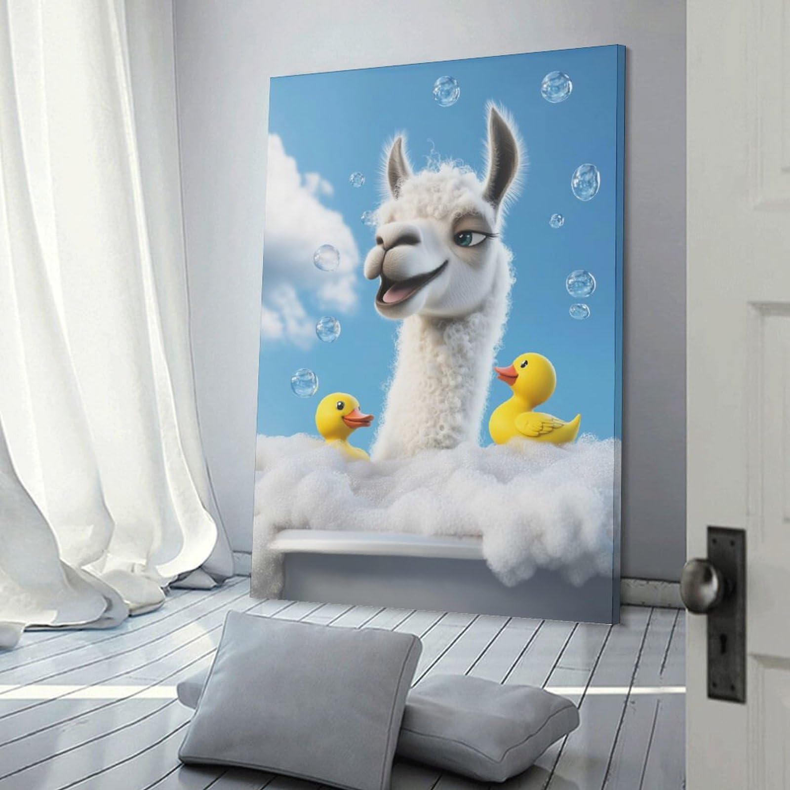 Junmoney Llama Bath Time Canvas Wall Decor 24x36inch(60x90cm), for Home Lounge, Bedroom Or Reading Nook, A Home Accent with Warm Character