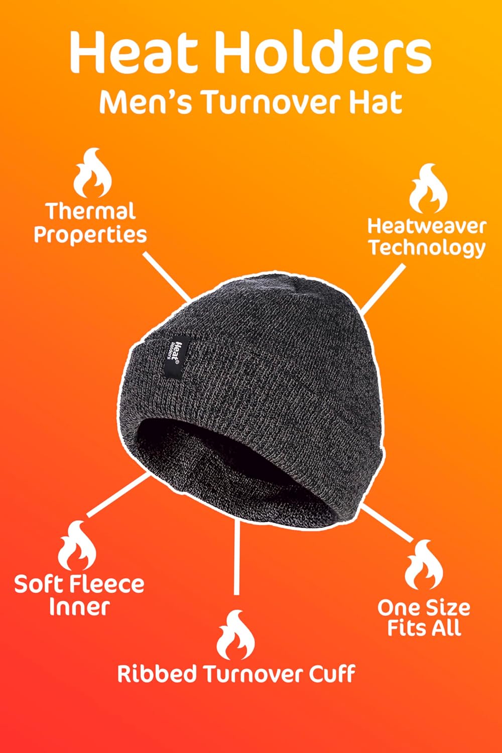 HEAT HOLDERS - Mens Fleece Lined Thermal Turn Over Cuff Winter Hat One Size - Image 5