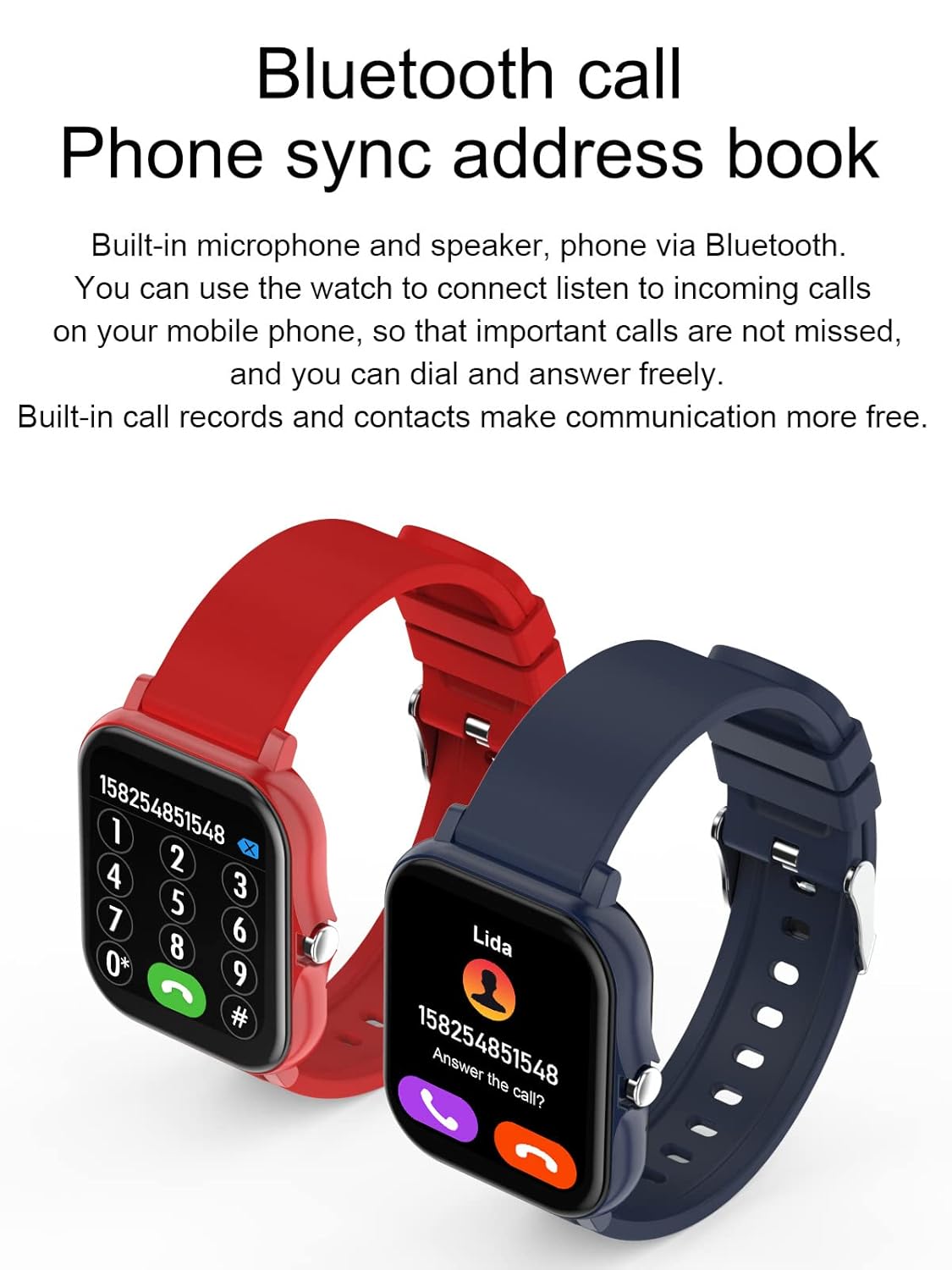Two Smart Watches displaying phone call interface and contact list