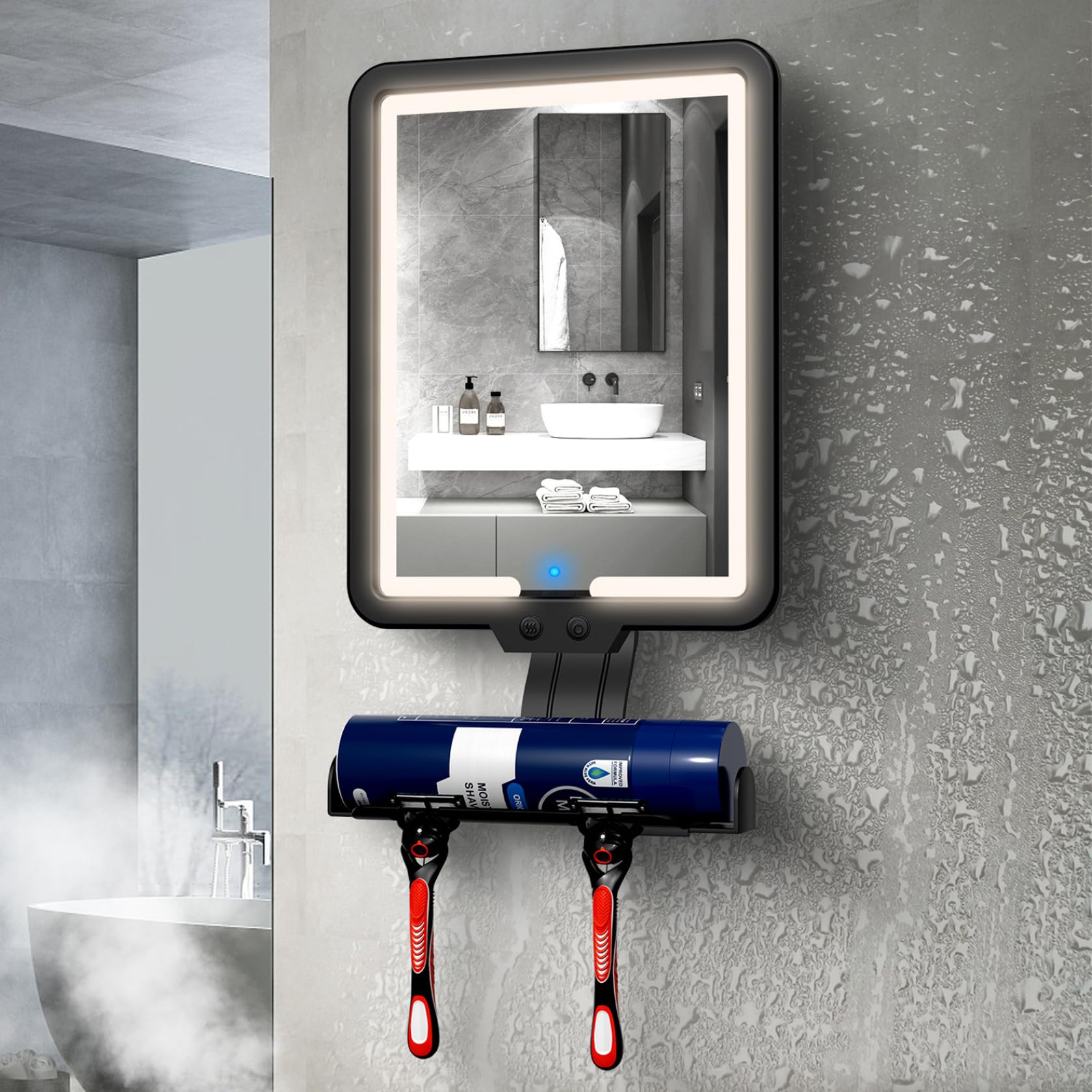 Espejo de ducha sin niebla para afeitar Monetais con estante extensible y 3 luces de baño de 9x7