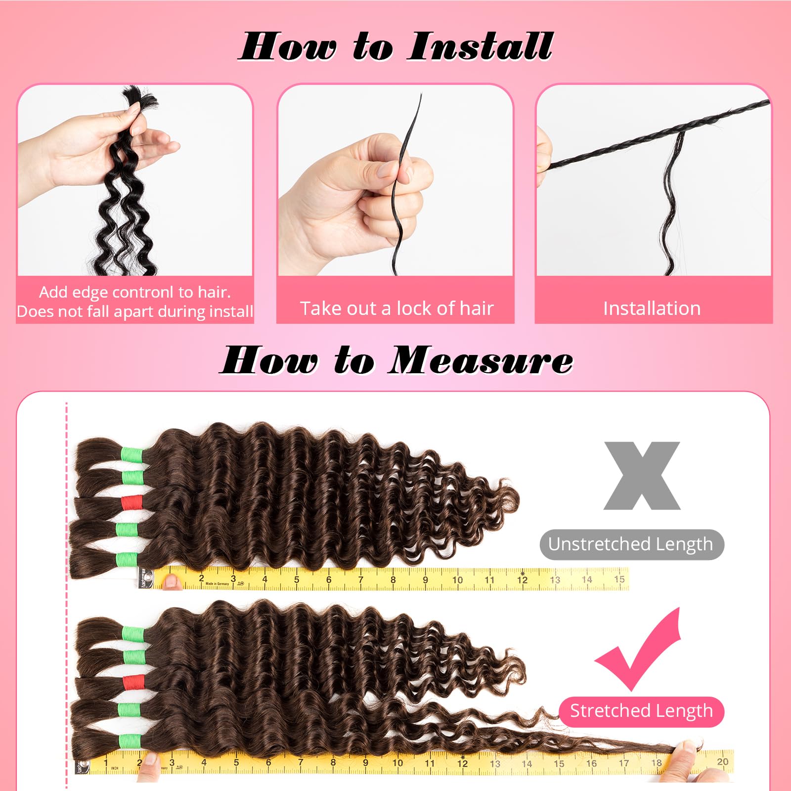 Boho Human Hair Braiding Extensions: Deep Wave Curly Bundles, No Weft, 18inch, 5 Pieces, 100g, #4 Light Brown - Image 3