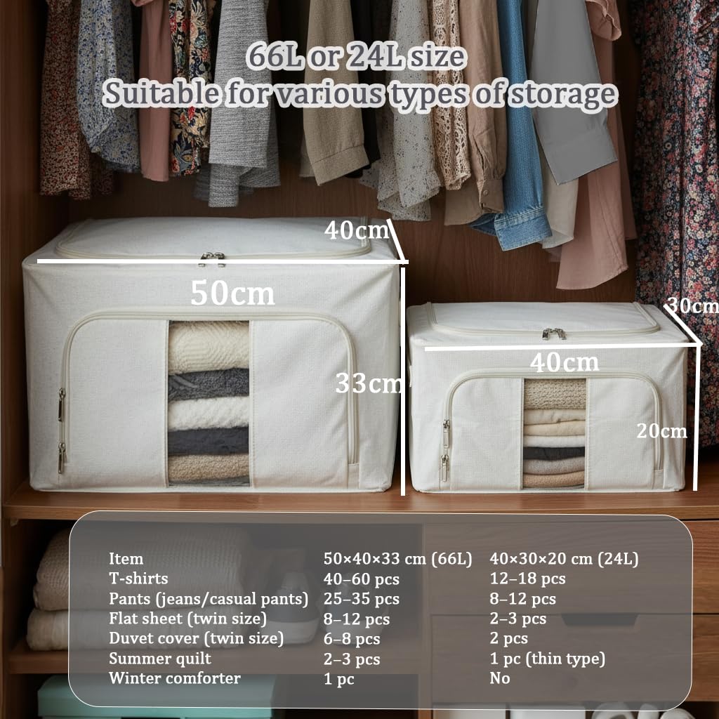 Scatole per Armadio, in metallo 5 mm rinforzato, fondo in PP, 66L | Beige, Tessuto Cotone e Lino, Impilabili e Ripiegabili, Contenitori per Vestiti, per Trapunte e Piumoni