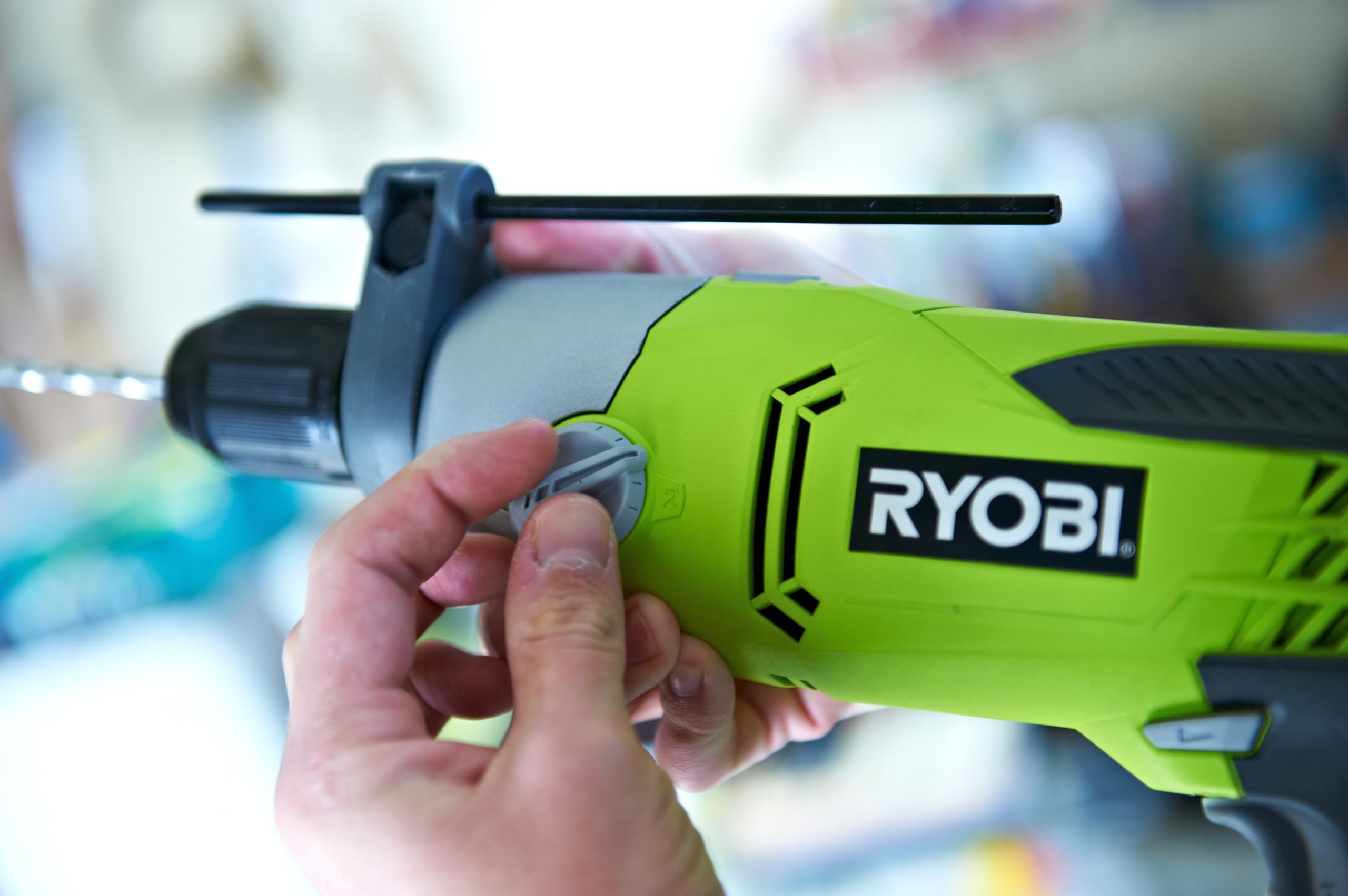 Ryobi Trapano a Percussione Elettrico 1200W, Mandrino Autoserrante 13 mm, 2 Velocità, Reversibile, per Legno Metallo e Muratura, Impugnatura Ausiliaria, Luce LED, Asta di Profondità, RPD1200-K