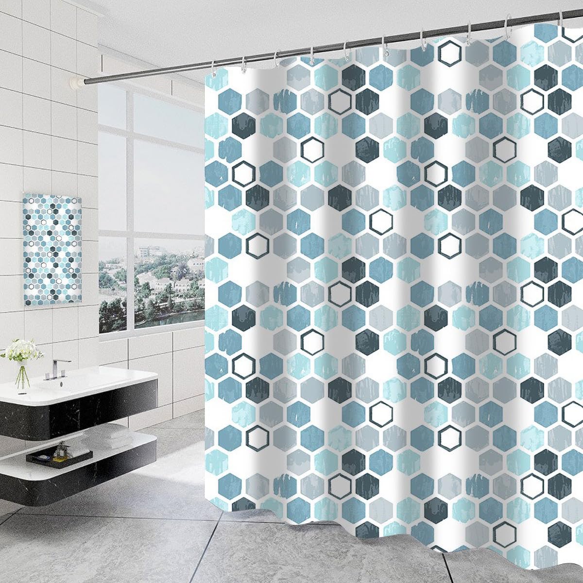 Tennove Shower Curtain Mould Resistant Geometric 280x200cm Drop Bathroom Curtain Waterproof Polyester Fabric Wet Room Bathtub Shower Curtain,Weighted Hem,Quick Dry
