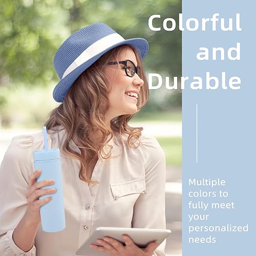 Miniatura 7 de Volhoply Vaso delgado de plástico de 16 onzas con tapa y pajita, paquete de 8 unidades, vasos aislados de doble pared de acrílico mate, sin BPA,