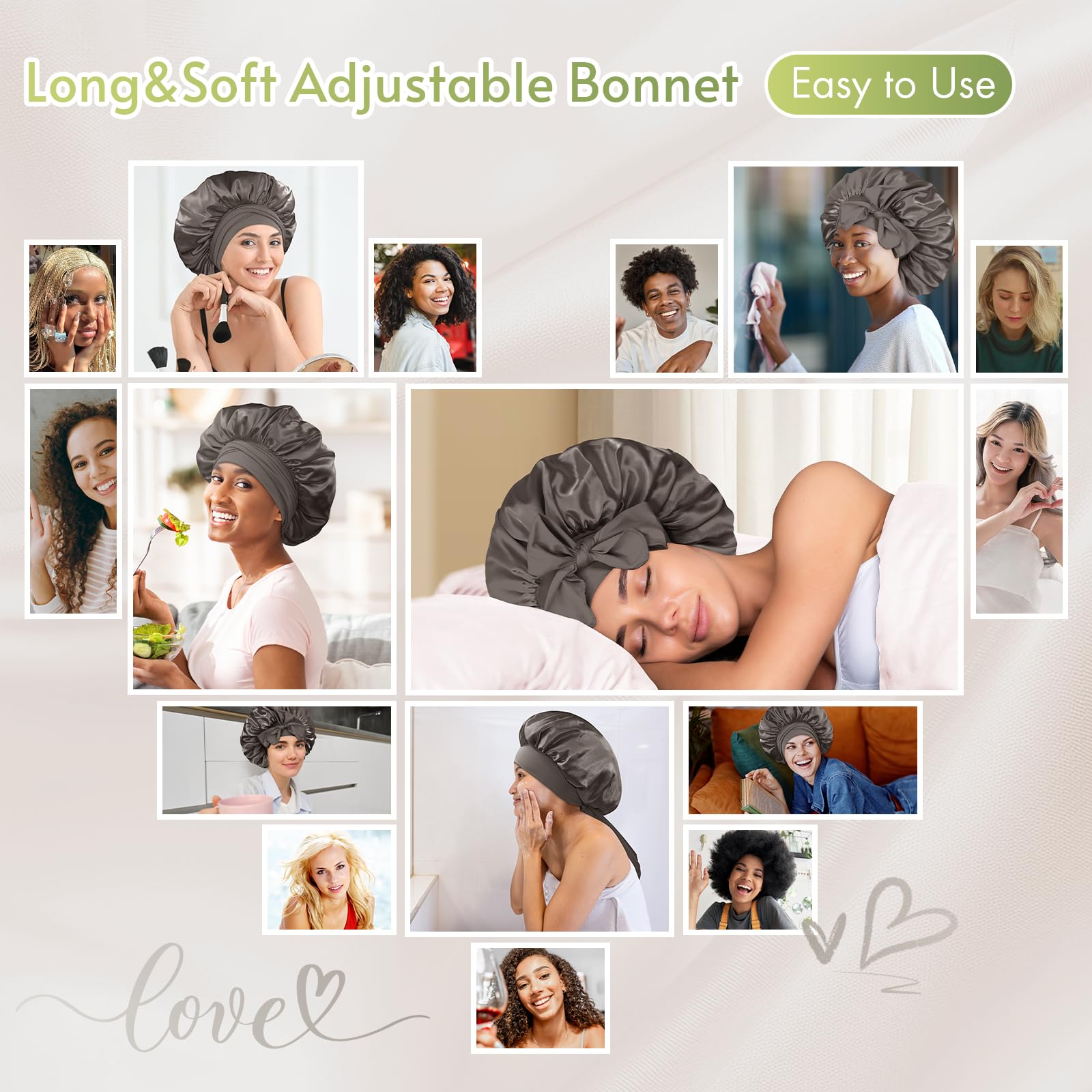 BONNET QUEEN Cuffia Seta Capelli Notte Regolabili Cuffia Capelli Ricci Bonnet con Lacci Lunghi Morbida e Protettiva Anti-Crespo, Grigio Dorata