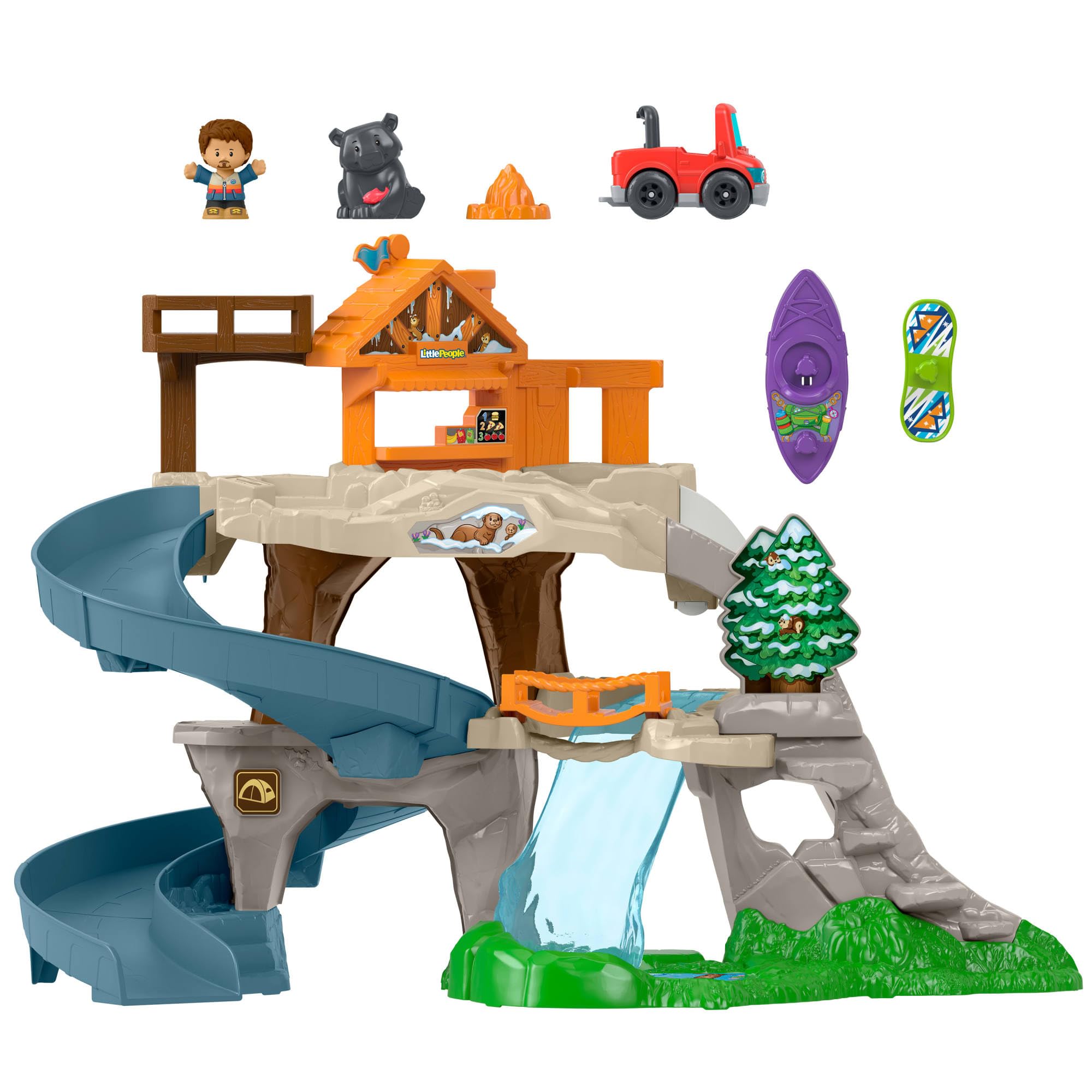 Fisher-Price Little People Wielka górska przygoda Tor samochodowy Zjeżdżalnia Zestaw, autko, 2 figurki, kajak i elementy do zabawy, zabawka dla dzieci 1+, JJY77