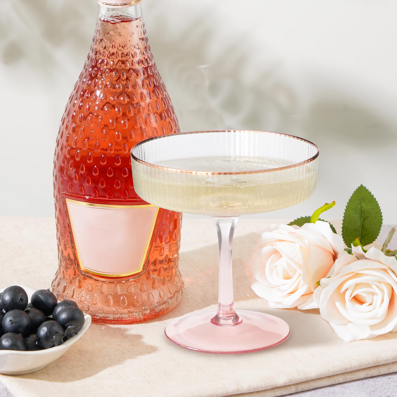Set Of 4 Blush Pink Coupe Glasses - 8oz Ribbed Martini & Champagne Glasses | Vintage Cocktail Glasses With Gift Box - View #7