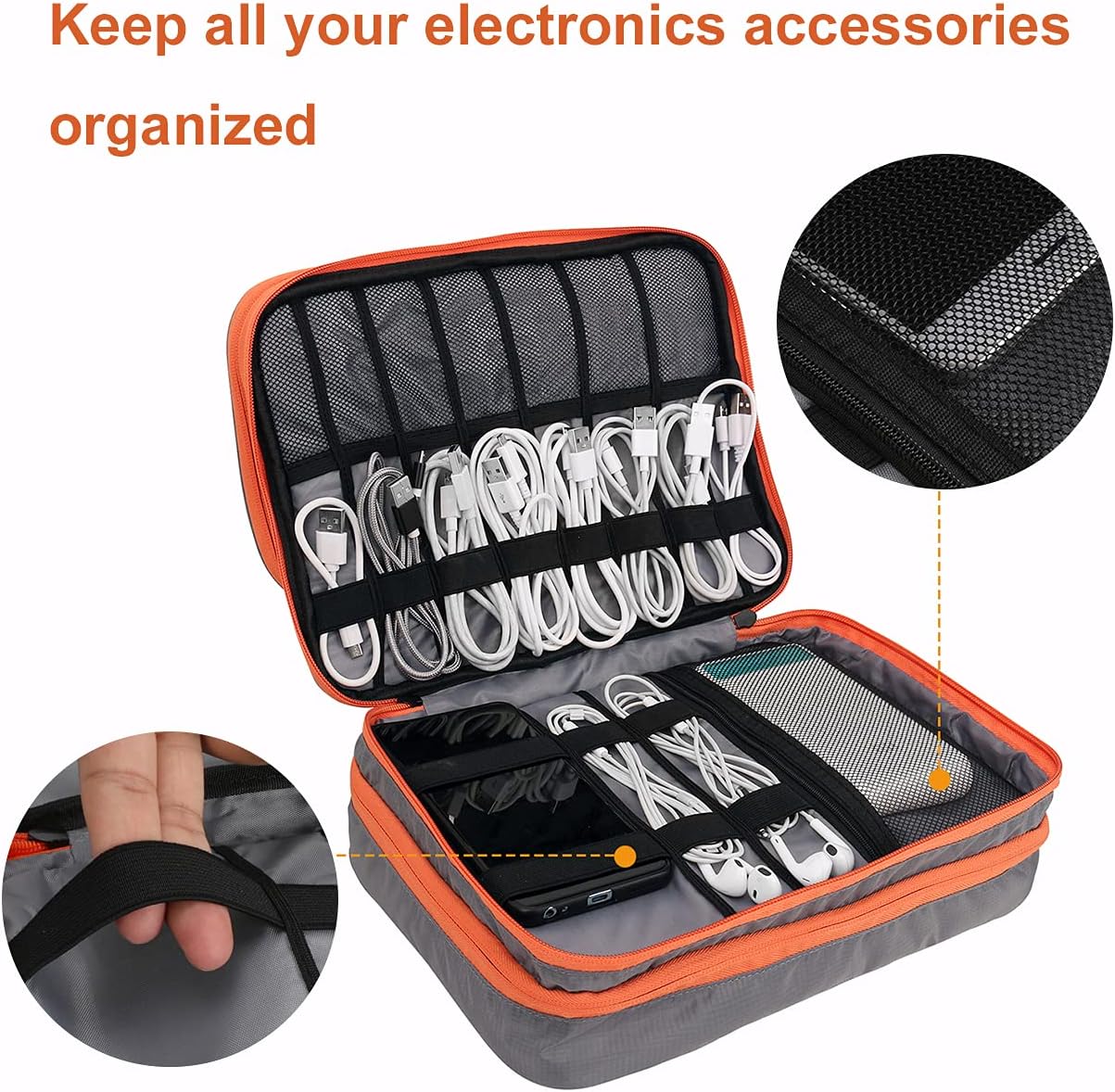 Travel Cable Organizer Bag, 3 Layer X-Large Capacity Electronics Accessories Cord Storage Case Bag for Cables, SD Card,Chargers, Power Bank, Cellphone,Tablet