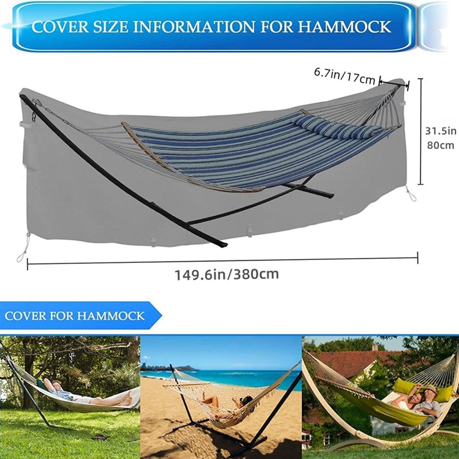 Hammock Cover Waterproof Windproof, 420D Oxford Fabric Hammock Stand Cover, Dustproof Anti-UV Outdoor Hammock Covers, Weather Resistant Hammock Protective Cover for Garden Patio Yard, 380x17x80cm