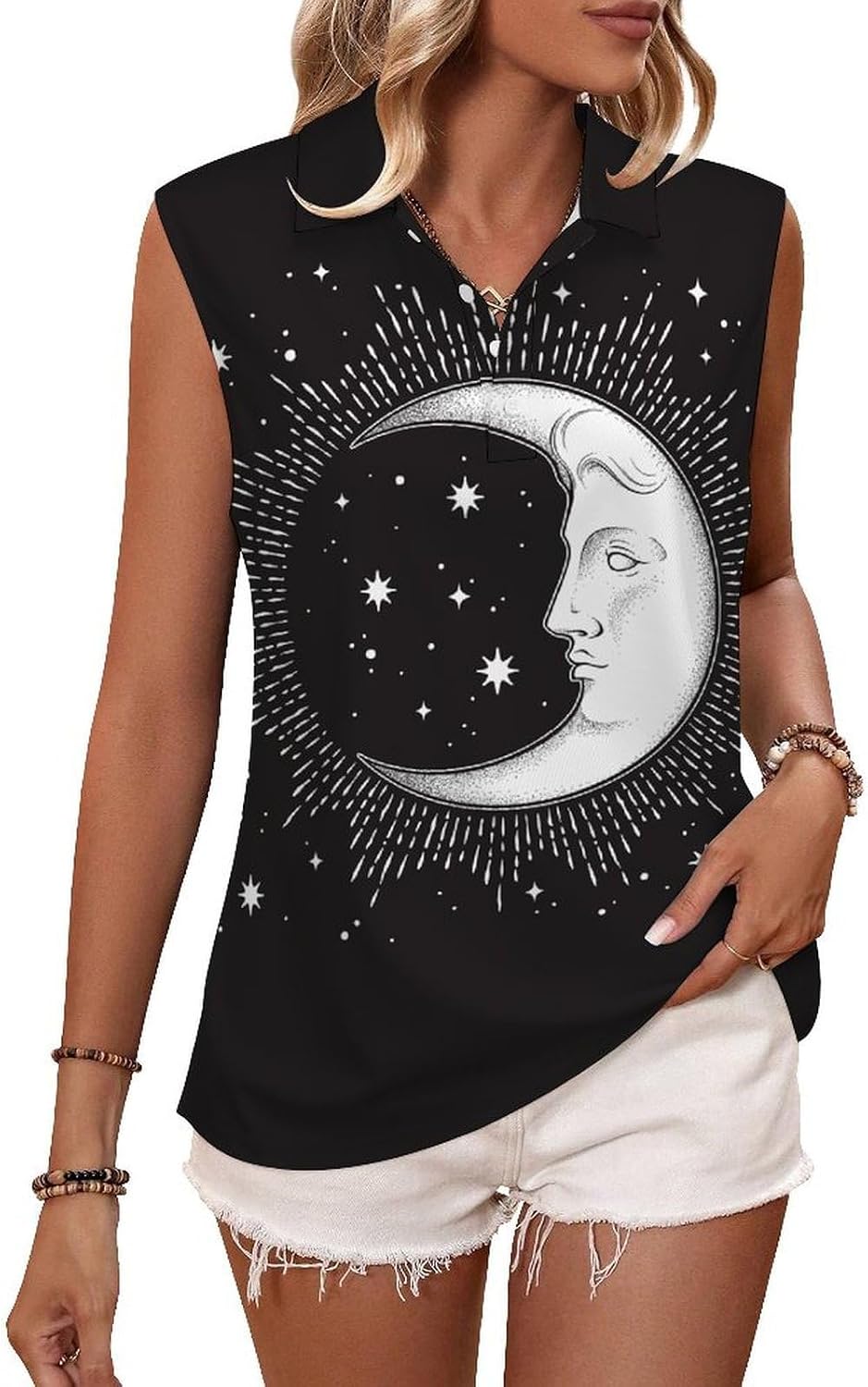 Bohemian Moon and Stars Golf Shirts for Women V Neck Tennis Polo Tank Tops Blouses Sleeveless T-Shirts