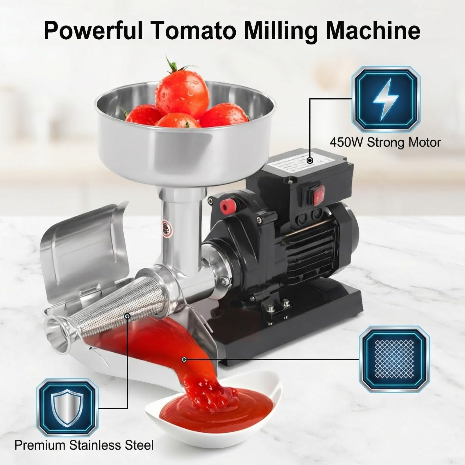 Tomatenpresse Elektrisch, 450W Tomatenpresse, 220V, Edelstahl, Kühlkörperlöcher für Ketchup, Blaubeersauce und andere Saucen - 49.5 x 25 x 34.5cm