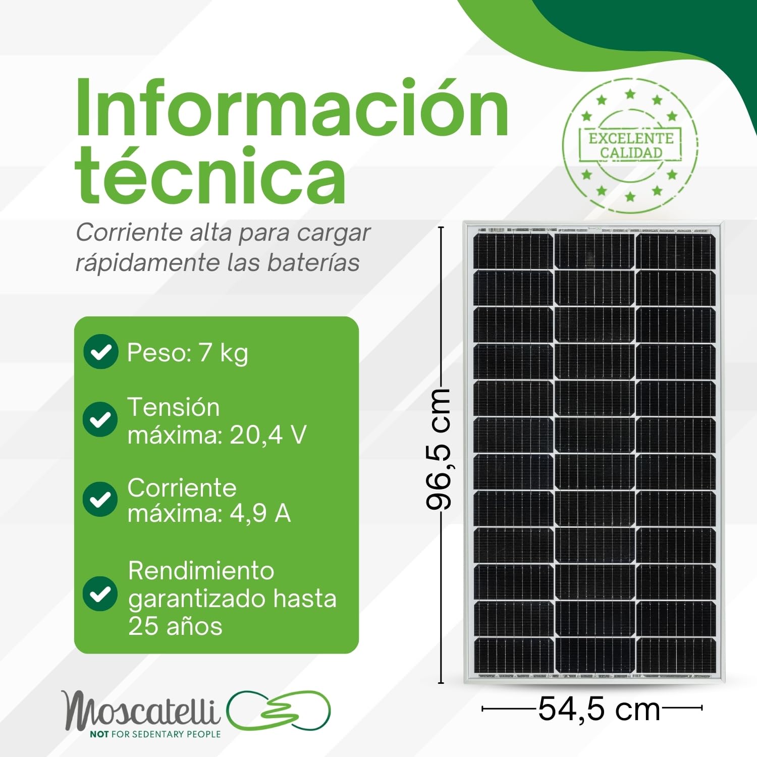 MOSCATELLI Panel Solar 100W para baterias 12V Células Monocristalinas PERC 9BB de Última Generación con Muy Alta Eficiencia. Optimizado – tensión 21V