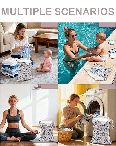 Miniatura 7 de ALVABABY 3 bolsas para pañales de tela húmedos y secos, impermeables, reutilizables, con dos bolsillos con cremallera, para viajes, playa, piscina,