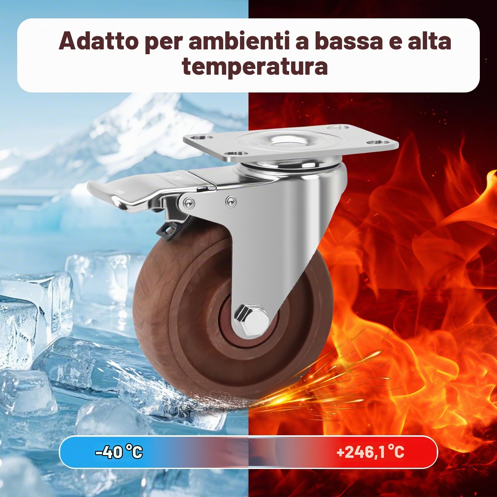 100mm Ruote per Carichi Pesanti con Freno Portata 800KG, Rotelle per Mobili Resistenti alle alte Temperature -20°C à +250°C, Ruote Girevoli per Officina di Fonderia e Saldatura, Set di 4