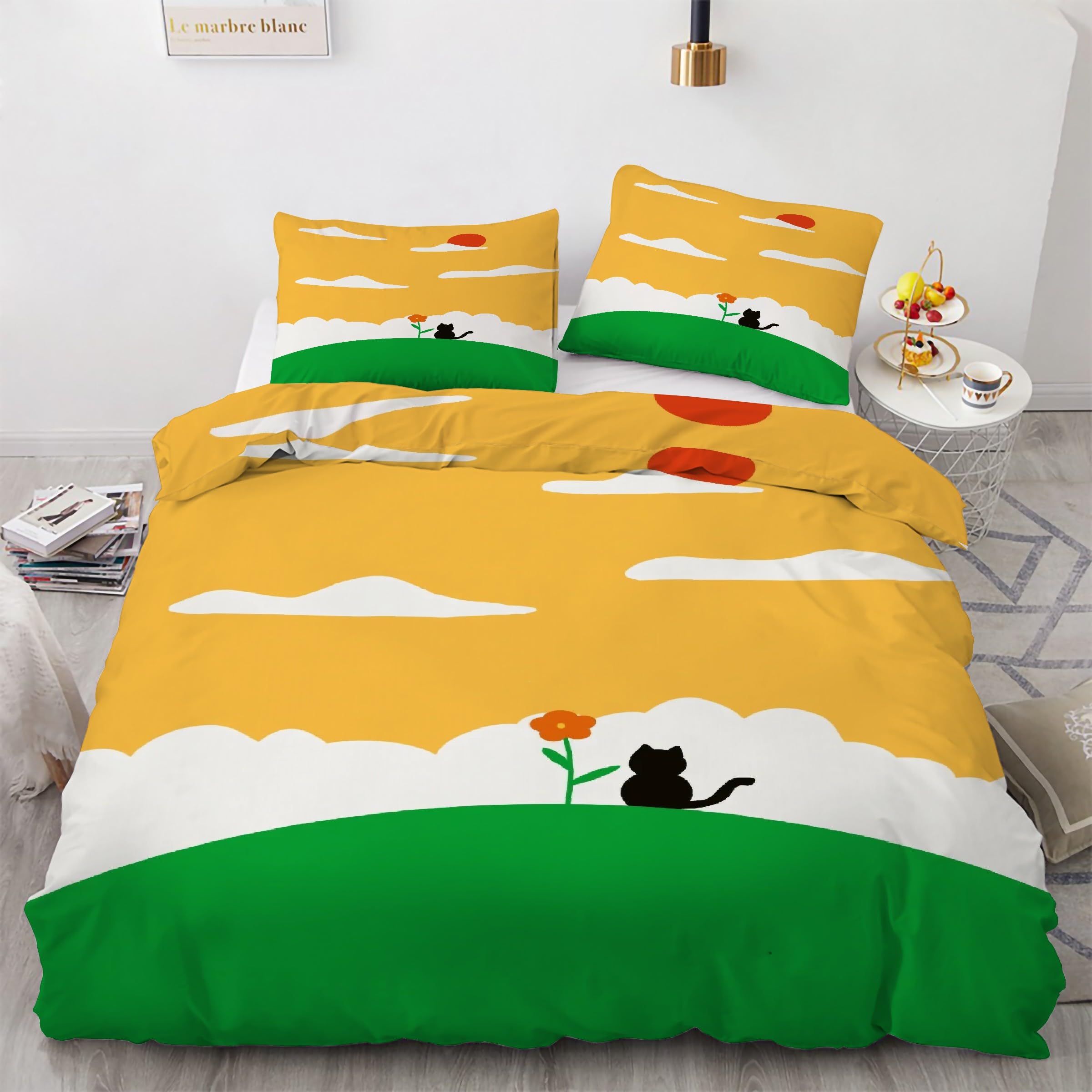 Parure de lit 90x190 chat noir housse de couette avec 2 taies d'oreiller