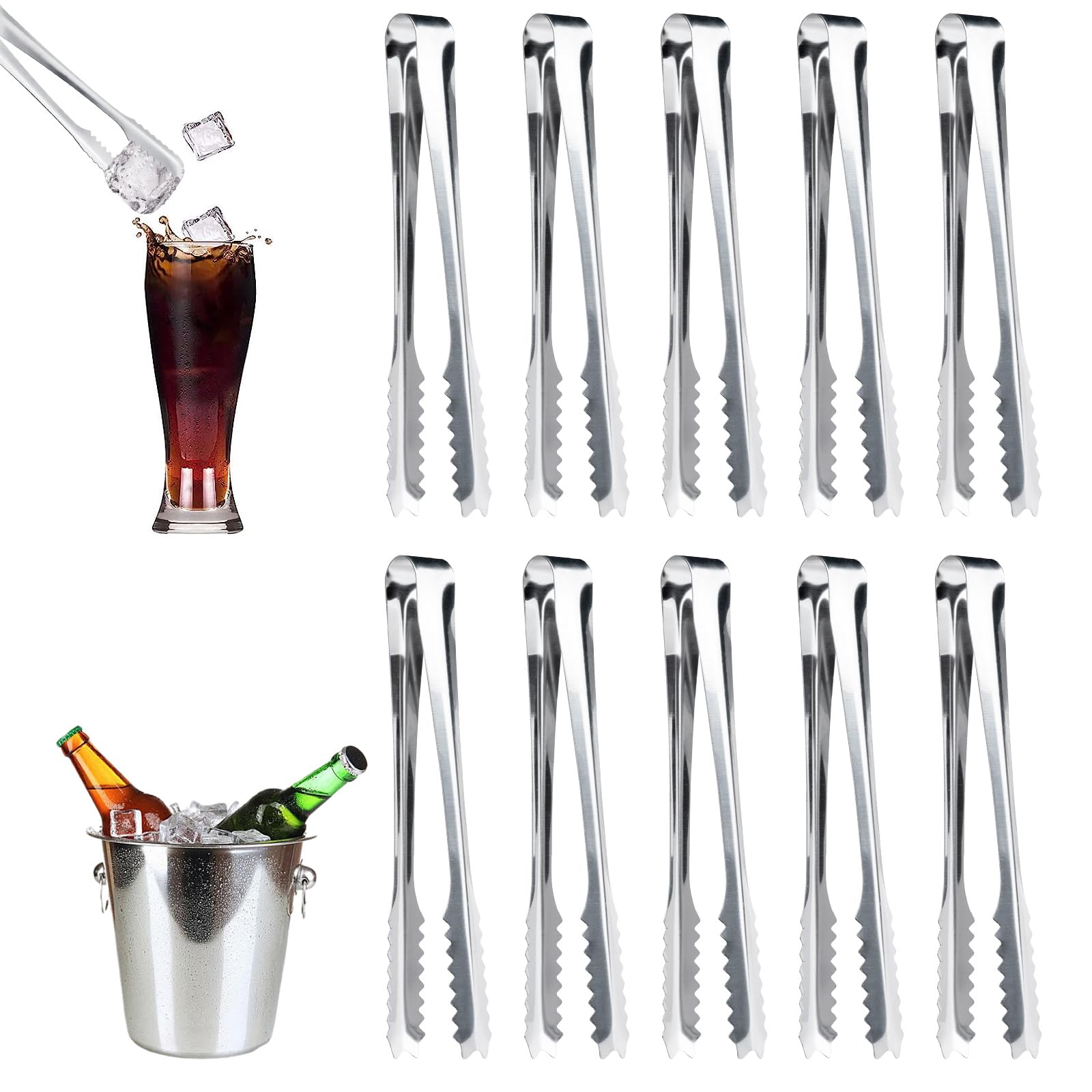 Mini pinze per ghiaccio in acciaio inox, pinze da portata per alimenti, dolci, pane, torte, frutta, barbecue, feste, bar, secchi, confezione da 10, 15,2 cm