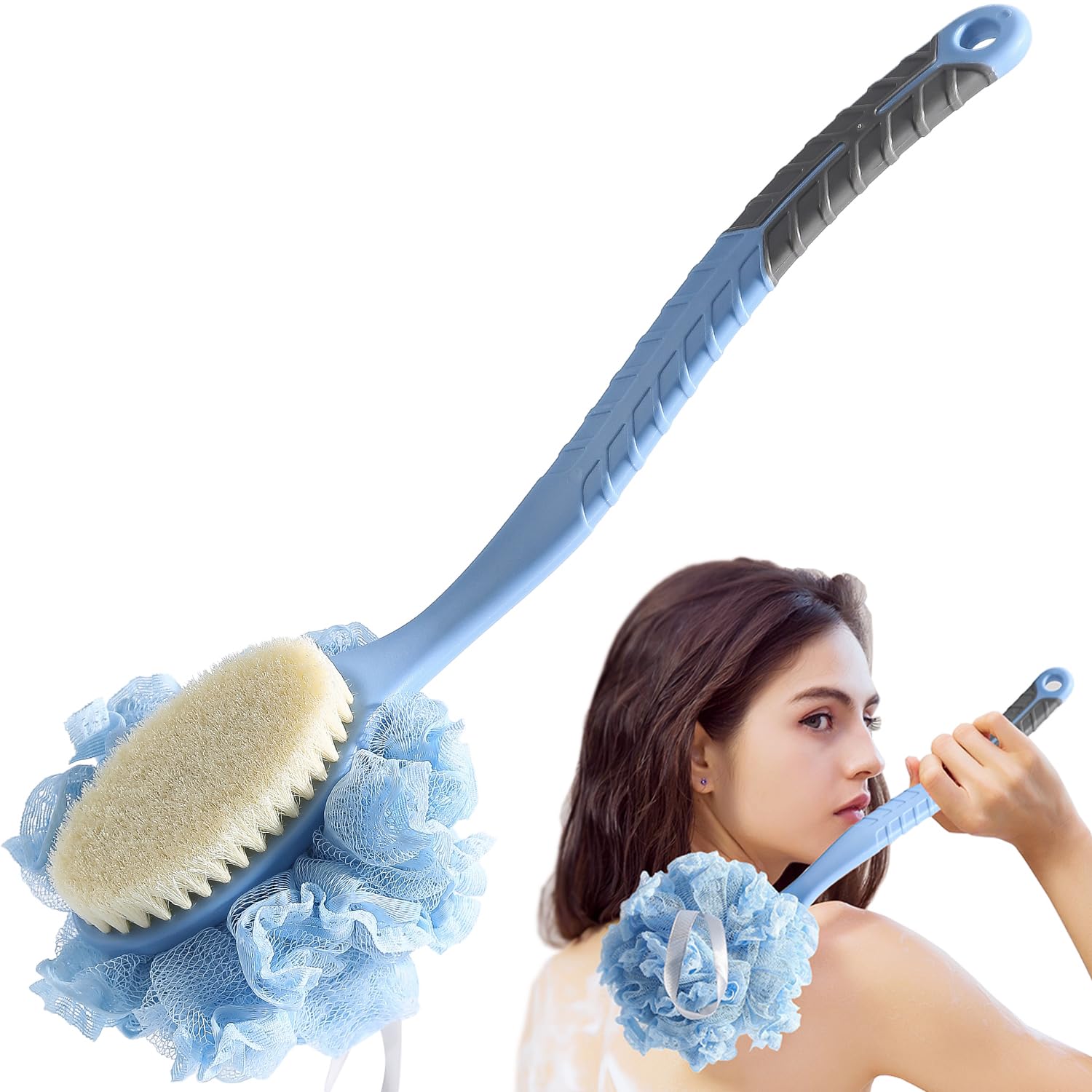 Shower Body Brush Long Handle, Back Brush with Bristles and Loofah, Long Handle Back Scrubber Bath Sponge, Non-Slip Bath Brush for Skin Exfoliating Massage