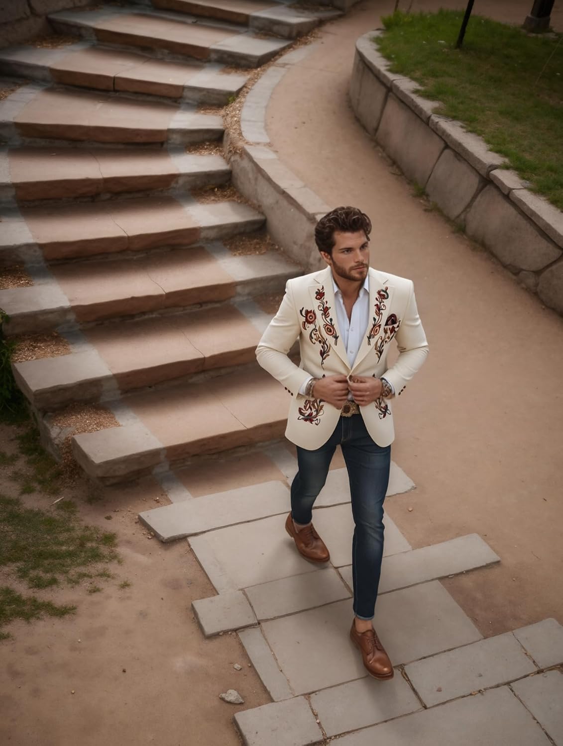 Men's Embroidered Cotton Linen Blazer,Vintage Western Style Tailored Fit Lightweight Jacket for Casual Semi-Formal Occasions - Image 7