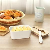 Vista 5 de Mantequillera hermética de porcelana con cuchillo, manteca rectangular hermética blanca con tapa de madera, recipiente grande de cerámica, 6.8 x 3.5