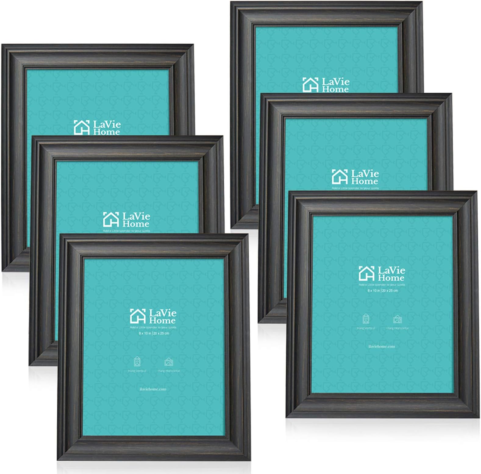 LaVie Home 8x10 Picture Frames (6 Pack, Black Wood Grain) Rustic Photo Frame Set with High Definition Glass for Wall Mount & Table Top Display