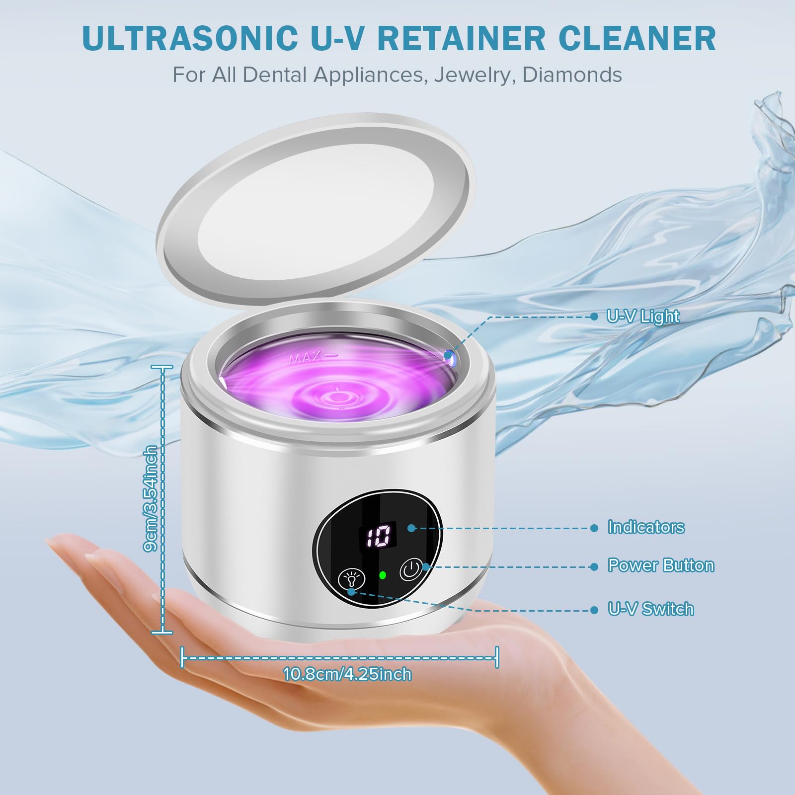 Limpiador ultrasónico U-V para prótesis, EnGiTores máquina de limpieza ultrasónica para dentaduras postizas, protectores bucales alineadores cabezales de cepillo dientes dispositivo limpieza (white)