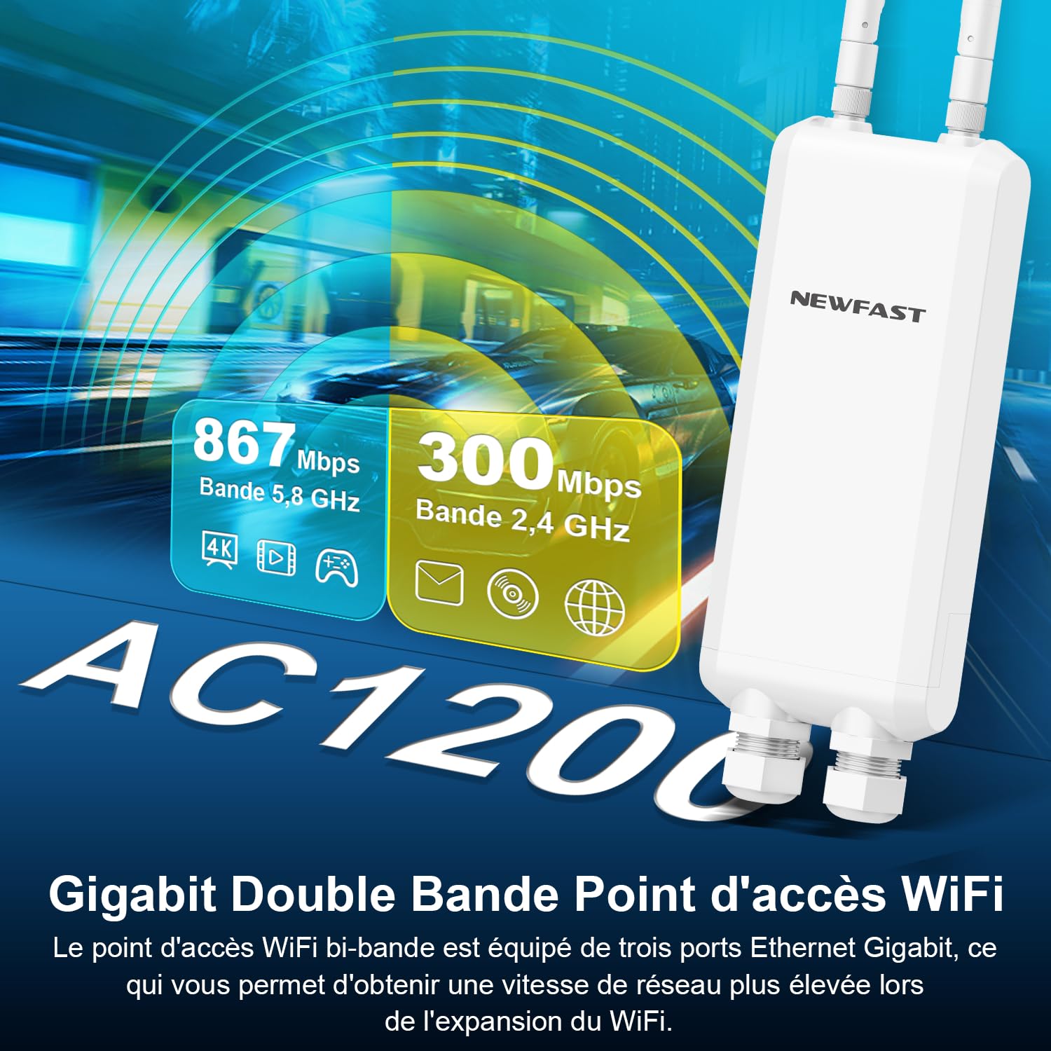NEWFAST NF-A882 Point d'accès WiFi Extérieur AC1200 IP66 Répéteur WiFi Longue Portée Gigabit LAN/WAN Double Bande