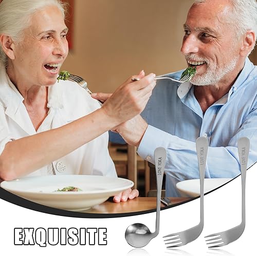 Miniatura 6 de Juego de utensilios adaptativos para zurdos, tenedor y cuchara en ángulo de acero inoxidable, cuchara de fácil sujeción, cuchara de desplazamiento