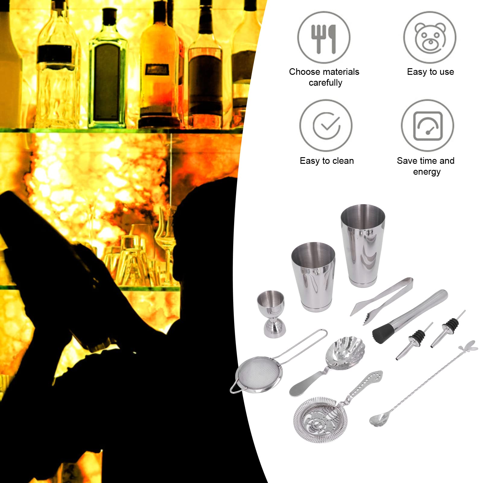 Juego de Coctelera de 11 Piezas, Kit Barra Acero Inoxidable con Herramientas Mezcladoras, Coctelera, Martillo Hielo, Colador, Cuchara para Fiesta Coctelería en Casa (Plata)