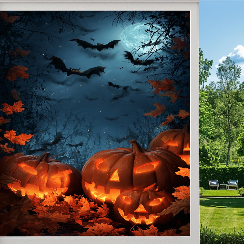 Pmlbaous Gothic Pumpkin Stained Glass Window Film, Halloween Bat Full Moon Peel And Stick Privacy Film, Frosted Adhesive Vinyl Decorative For Bathroom Windows Glass Doors, （55X100cm）