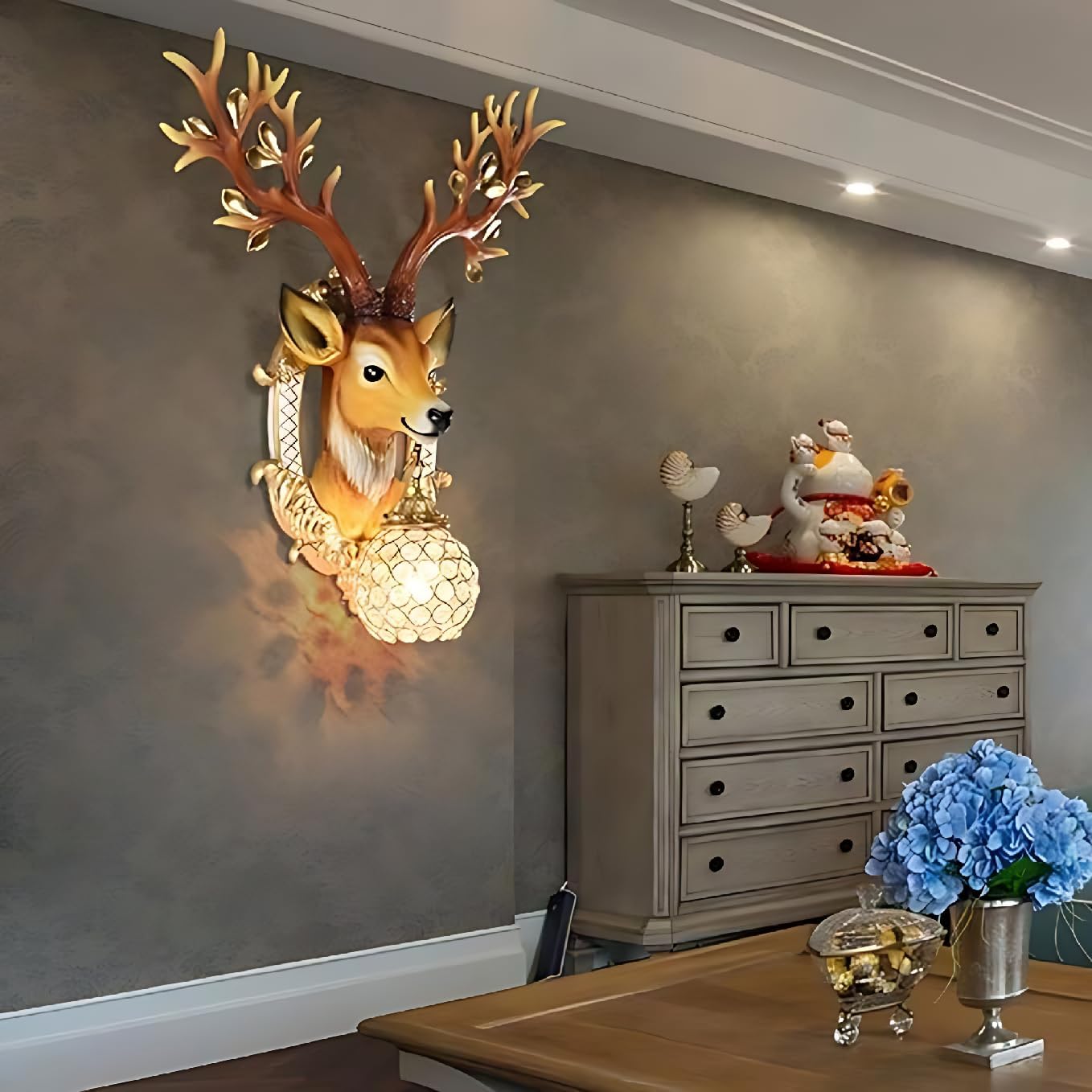Resin Material Deer Head Mounted Antique Decorative Wall Scone Light Lamp for Living Room,Bedroom and Office Wall Decoration (White)