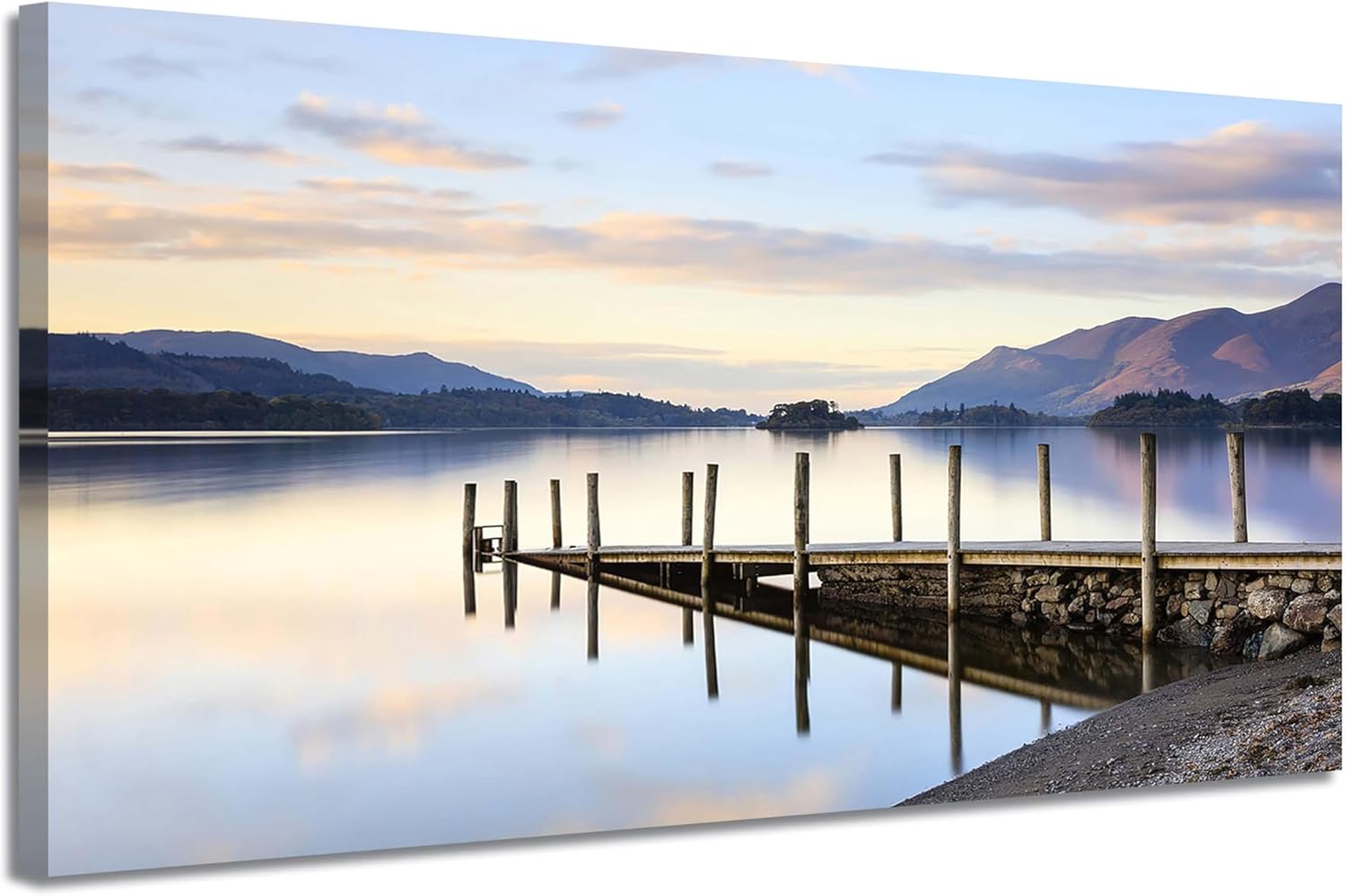 Sunset Lake Canvas Wall Art - Lakeside Dock Picture Pier Painting Nature Landscape Prints Scenery Artwork for Living Room Home Office Pier 40L" x 20W"