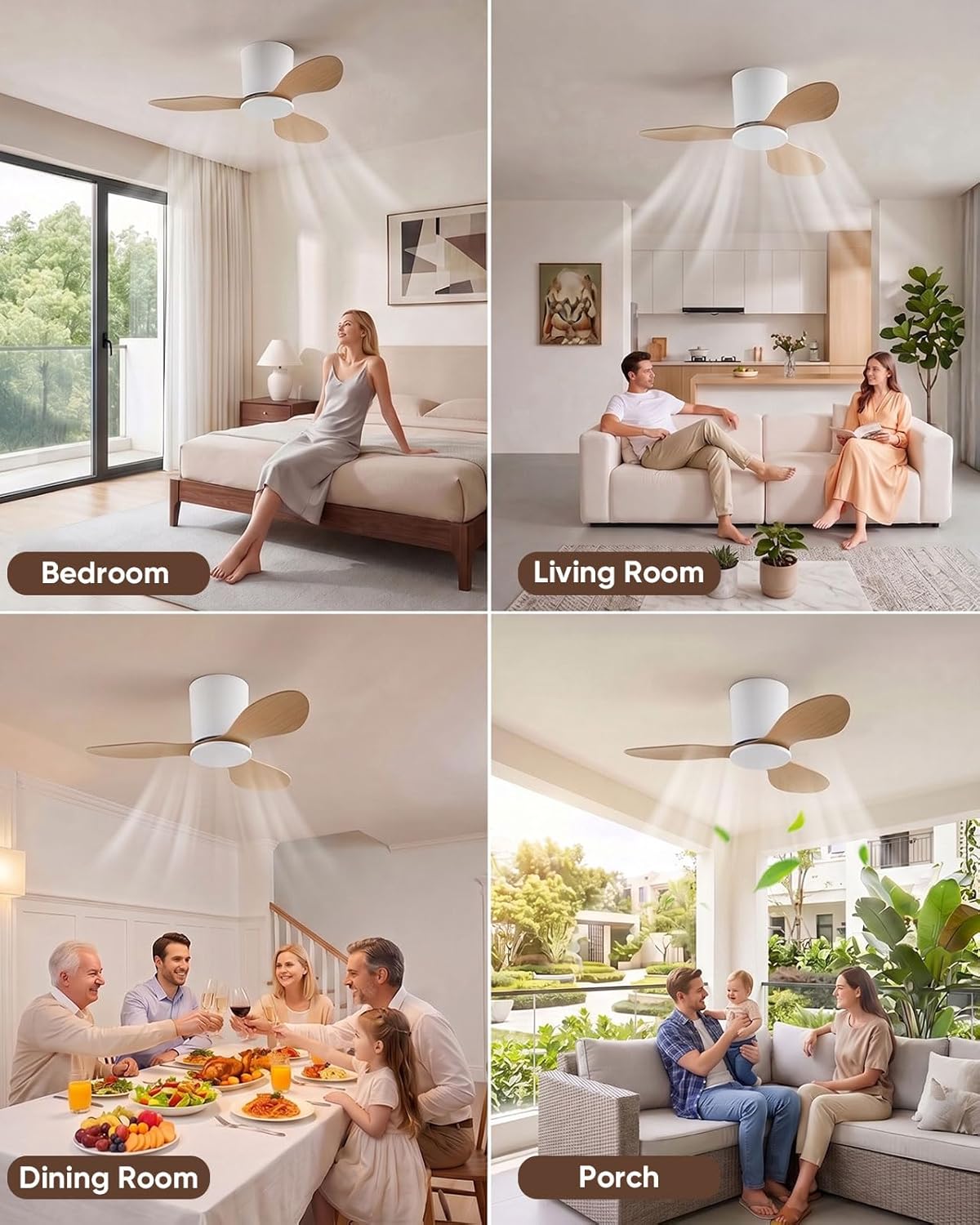 Ceiling Fans No Light with Remote 25In White Ceiling Fan Without Lights 3 ABS Wood Color Blades Fans, Timer, Quiet DC Motor, 6 Speeds Modern Flush Mount Pendant Fans for Bedroom Living Room Patios
