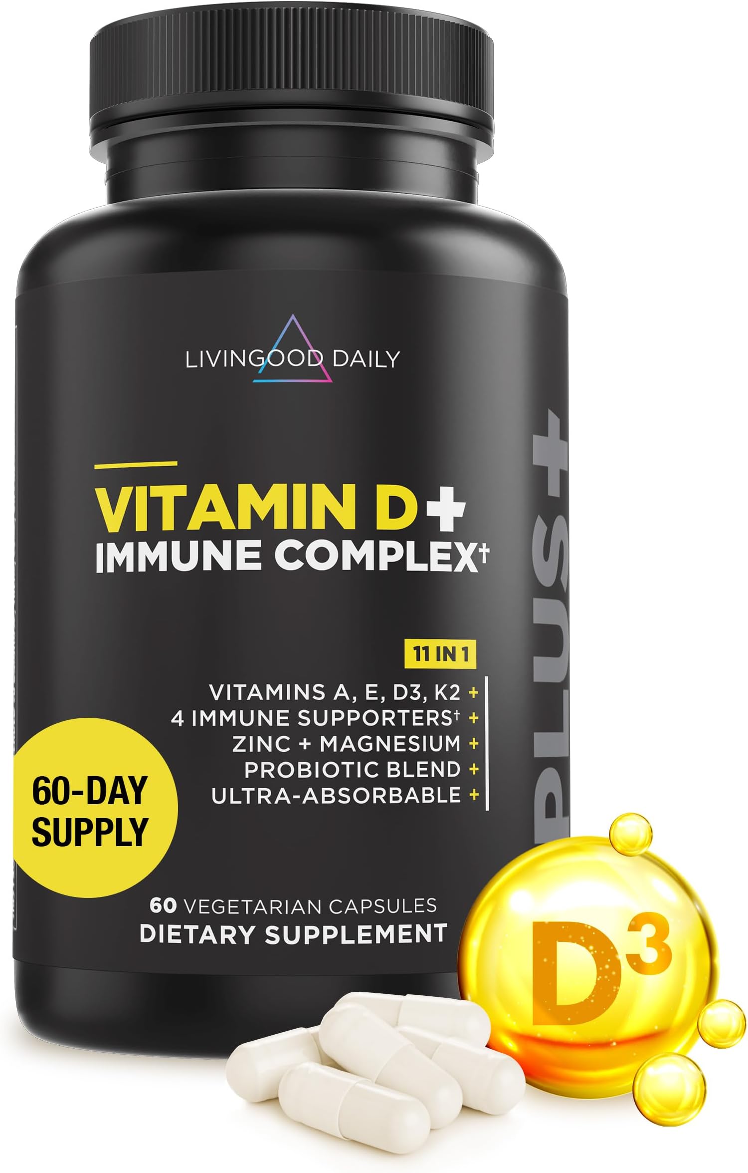 - Livingood Daily Vitamin D3 K2 4000 IU Supplement, 9-in-1 Dietary Supplement for Immune Support - Made with Vitamins D, A, E, K2, Zinc, Magnesium & Probiotic Blend for Maximum Absorption - 60 Capsules