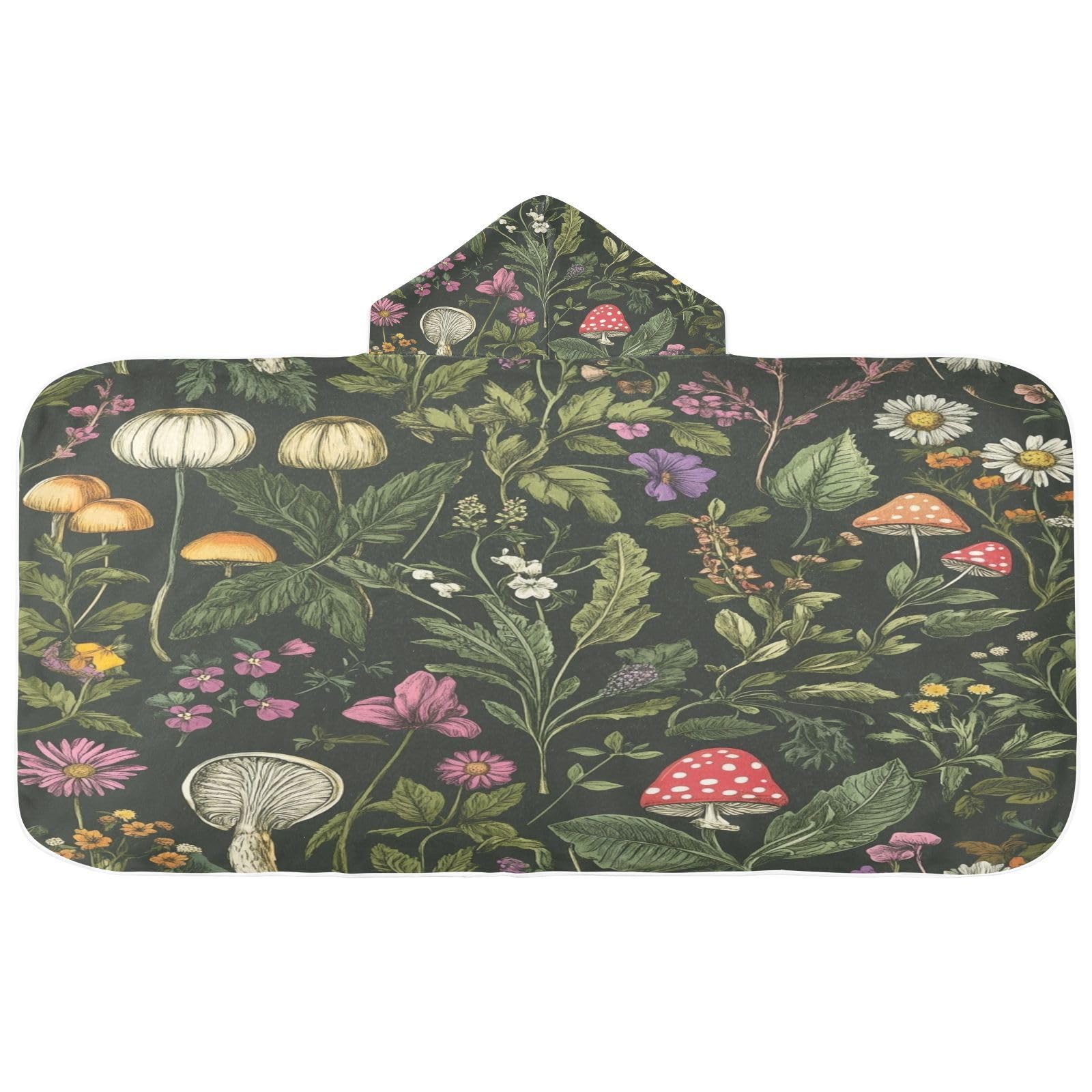 Kigai Flowers Mushroom Hooded Beach Towel for Kids Soft Absorbent Quick Dry Bath Towel with Hood Lightweight Toddler Shower Pool Bath Wrap for Boys Girls