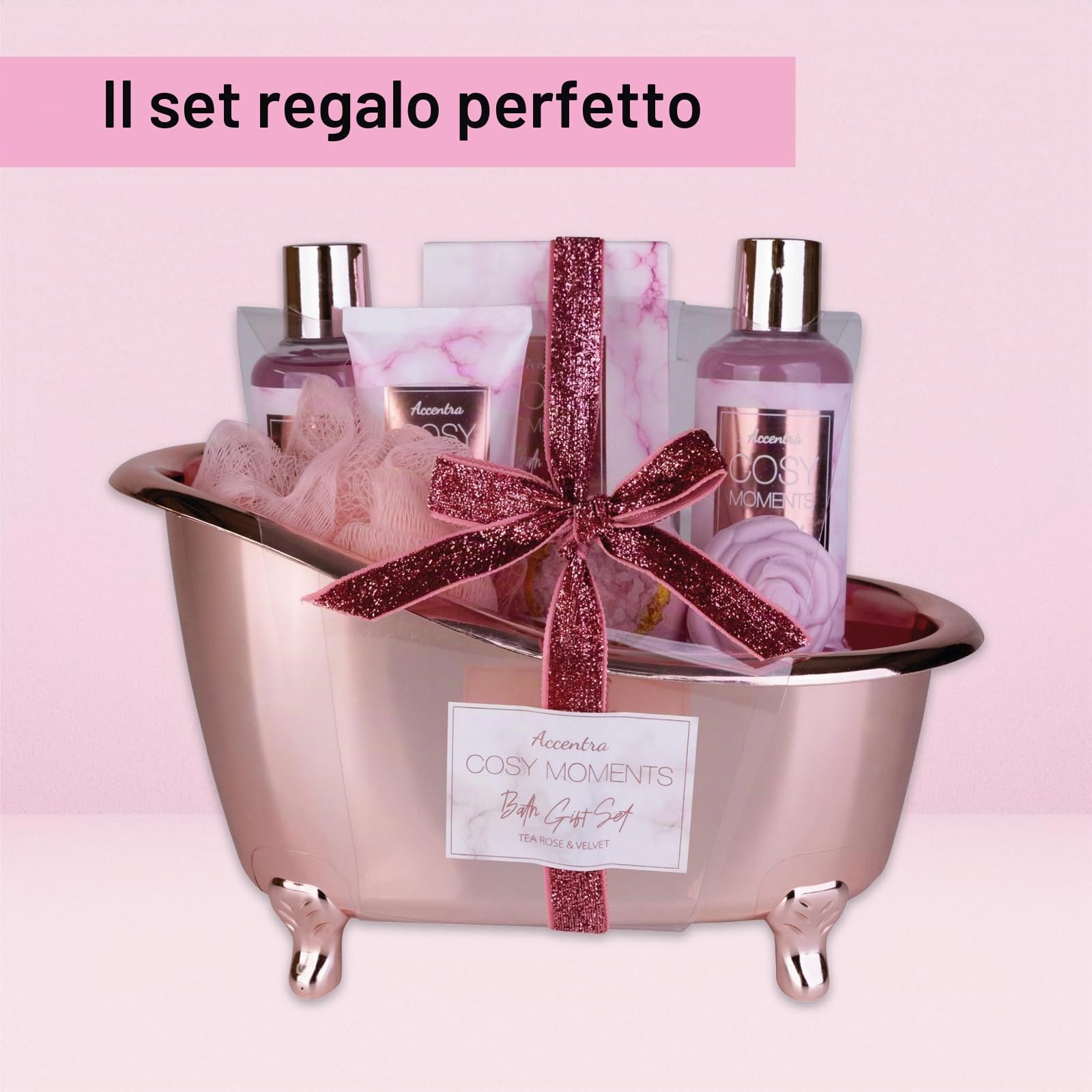 Accentra - COSY MOMENTS Set da bagno e doccia in rosa – Set regalo per il relax delle donne per il compleanno o San Valentino – Set regalo e cura del benessere con mini vasca decorativa