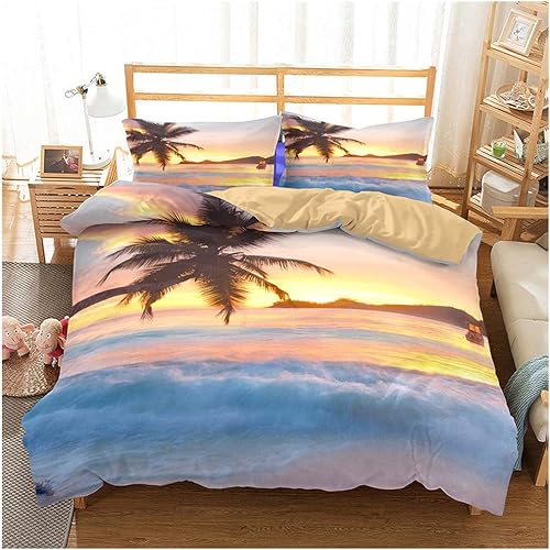 Juego de funda de edredón con diseño de océano tamaño Queen, isla tropical con palmeras y playa marina, un juego de ropa de cama decorativo de 3