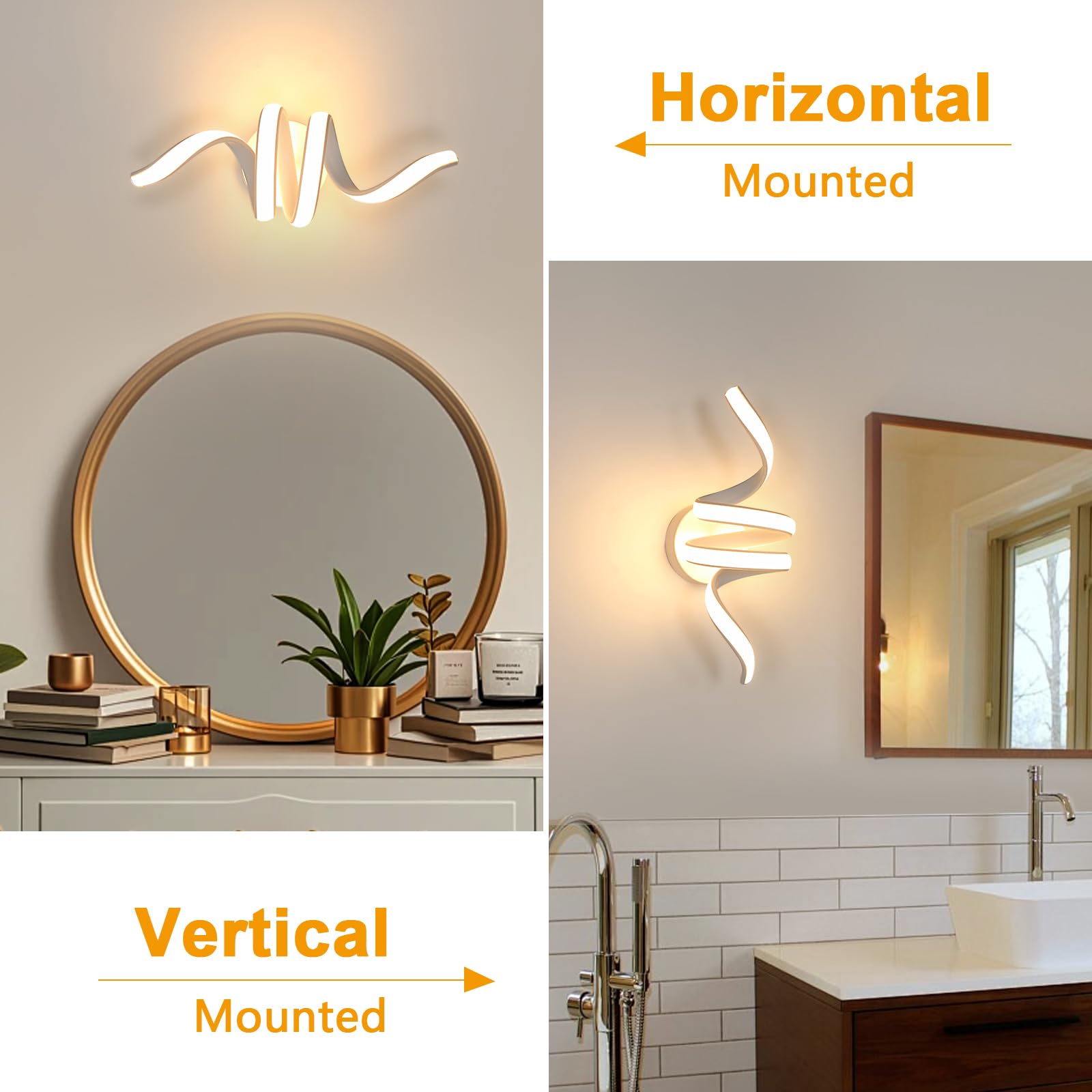 Goeco Applique da Parete Interno, 24W 2700LM 35 CM Lampada da Parete a Spirale in Acrilico 3000K Luce Bianco Calda, Applique LED a Muro Moderna per Camera Letto Soggiorno Corridoio, Bianco