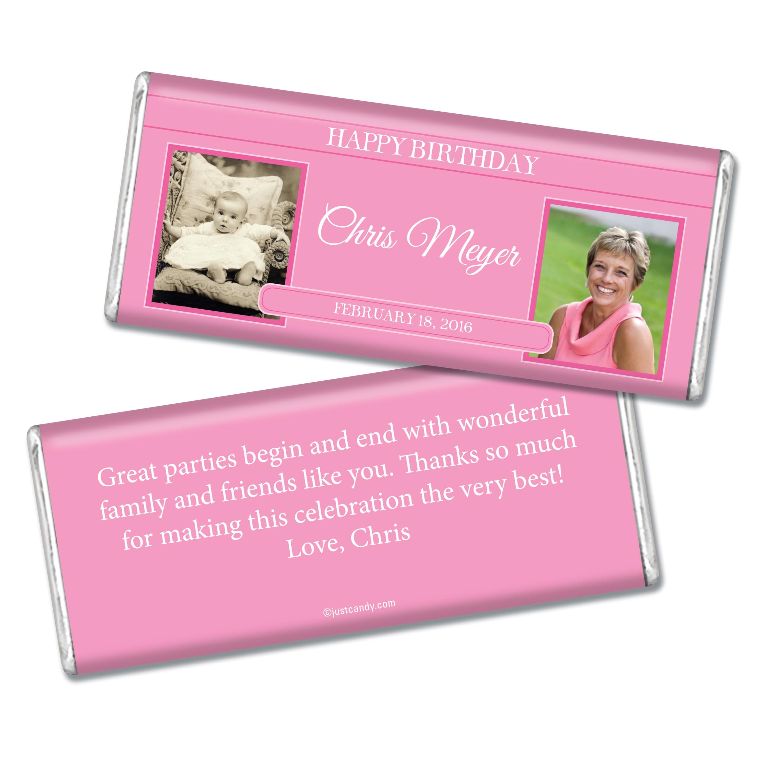 Personalized Photo Birthday Party Favors For Adults Candy Bar Wrappers (25 Pack) - All Ages - Pink