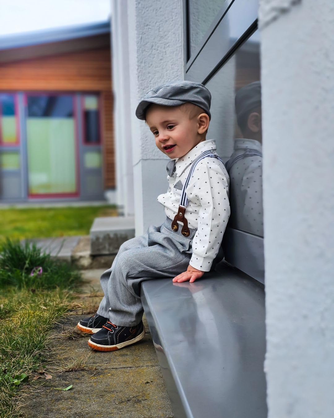 Volunboy Zestaw dla chłopców z koszulą z muszką + szelkami, spodnie, śpioszki, Szare kropki., 3-6 miesi?cy