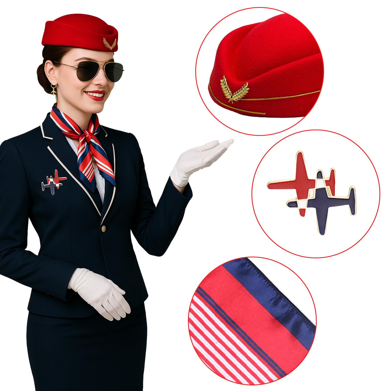 SSKHE 4PCS Professional Flight Attendant Costume for Women Stewardess Themed Carnival Costume with Hat Scarf Gloves Brooch - Image 3