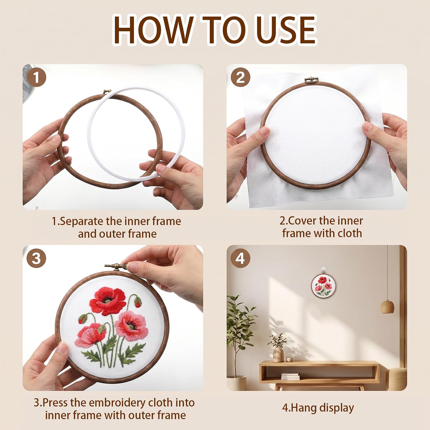 Round Embroidery Hoops Frames, 2PCS Imitated Wood Cross Stitch Hoop Rings, 6 Inch 7 inch Hanging Embroidery Frame Hoop, Round Imitated Wood Display Frame for Art Craft Sewing and Hanging Ornaments