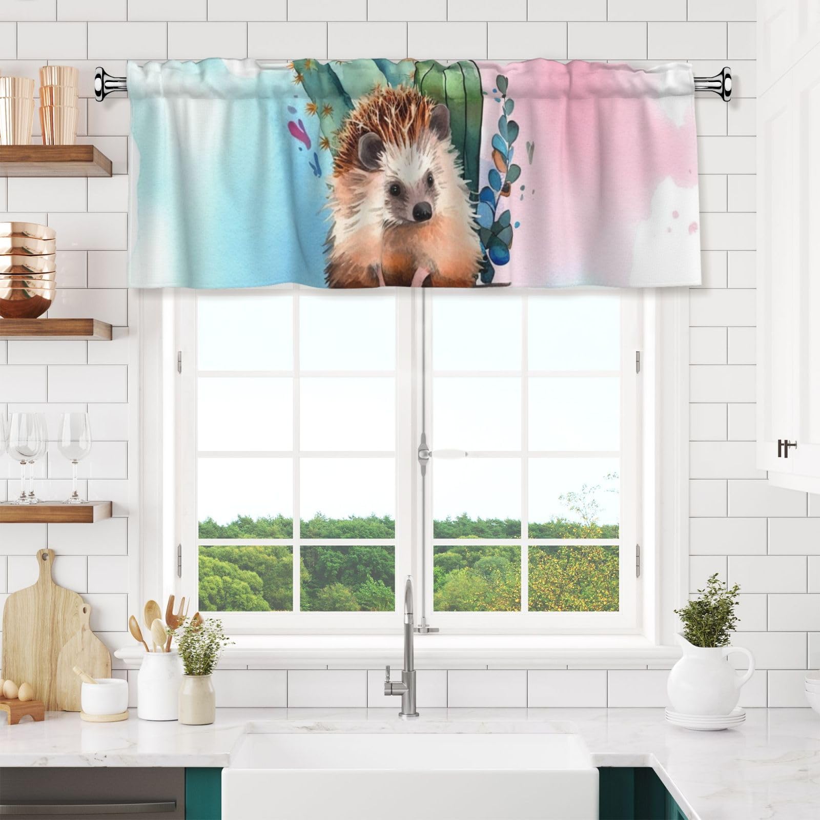 NONHAI Watercolor Hedgehog Valances for Windows Short Curtains Rod Pocket Cafe Window Treatments Valance Curtains for Kitchen Bathroom Laundry Basement Windows 54x18inch Blackout Window Valance
