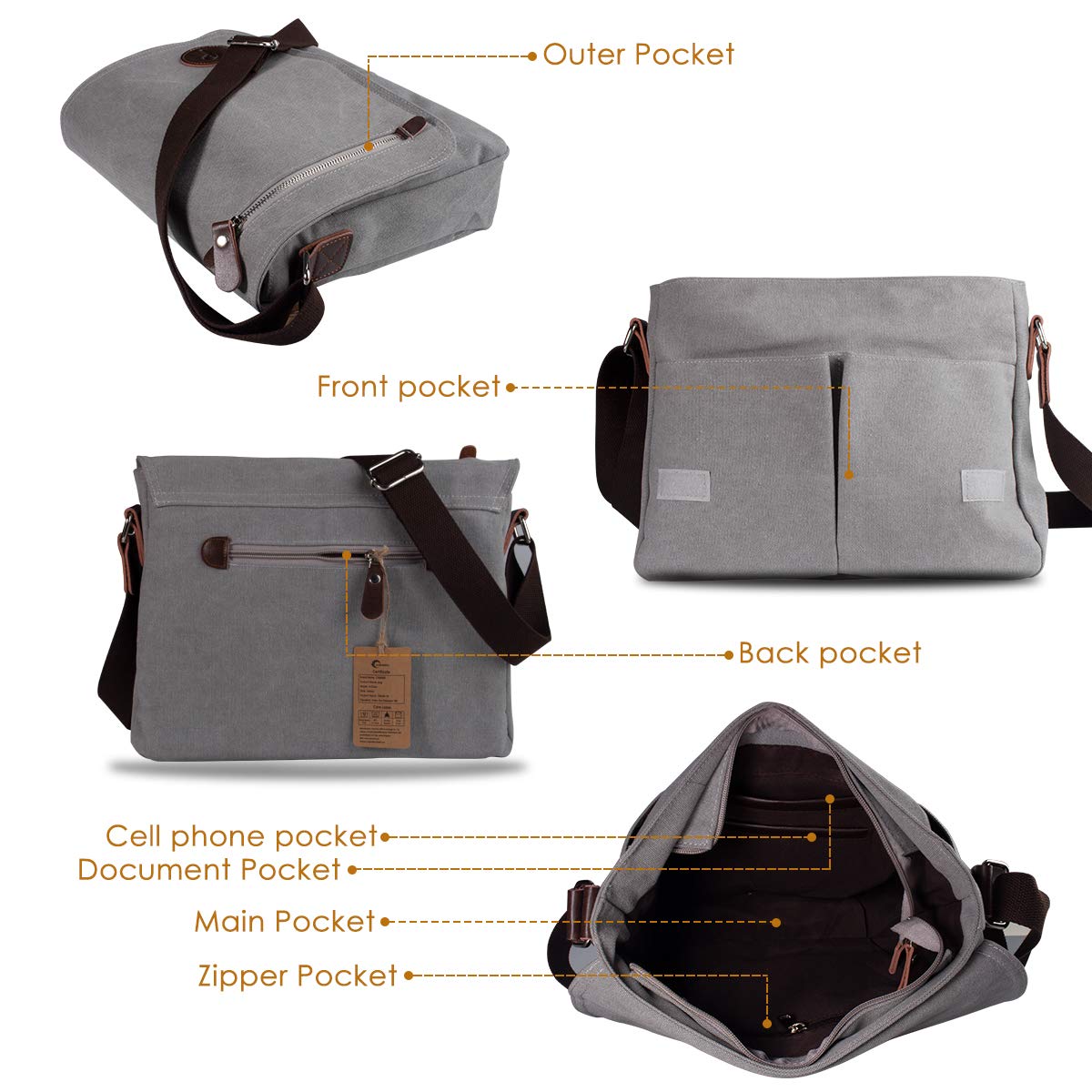 CHEREEKI Borsa Tracolla, Borsa a Spalla in Tela da Uomo con Più Tasche per Lavoro, Scuola, Uso Itinerante e Quotidiano (Per Laptop da 13.3 Pollici)